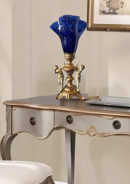 Vintage Cherub Blue Art Glass Torchiere Brass Table Lamp - 5