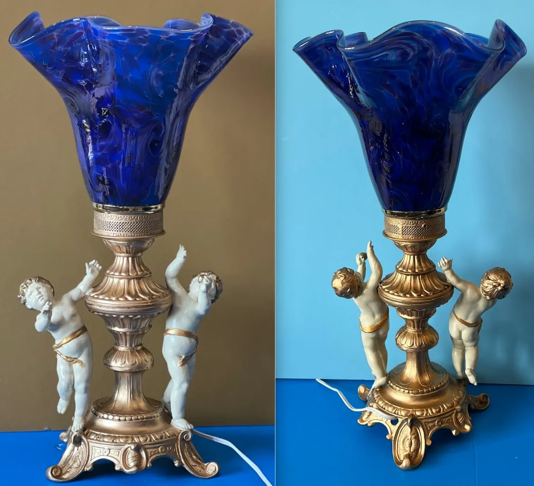 Vintage Cherub Blue Art Glass Torchiere Brass Table Lamp - 6