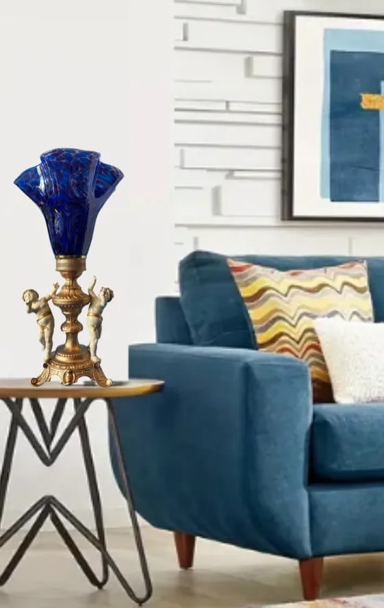 Vintage Cherub Blue Art Glass Torchiere Brass Table Lamp - 7