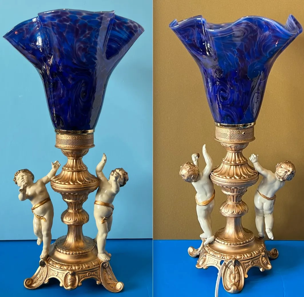 Vintage Cherub Blue Art Glass Torchiere Brass Table Lamp - 8