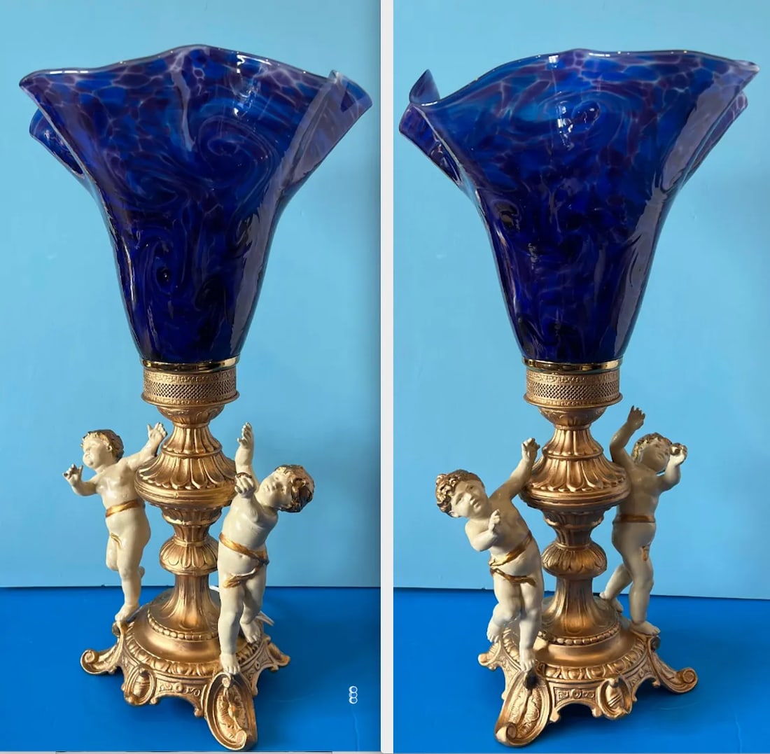 Vintage Cherub Blue Art Glass Torchiere Brass Table Lamp - 9