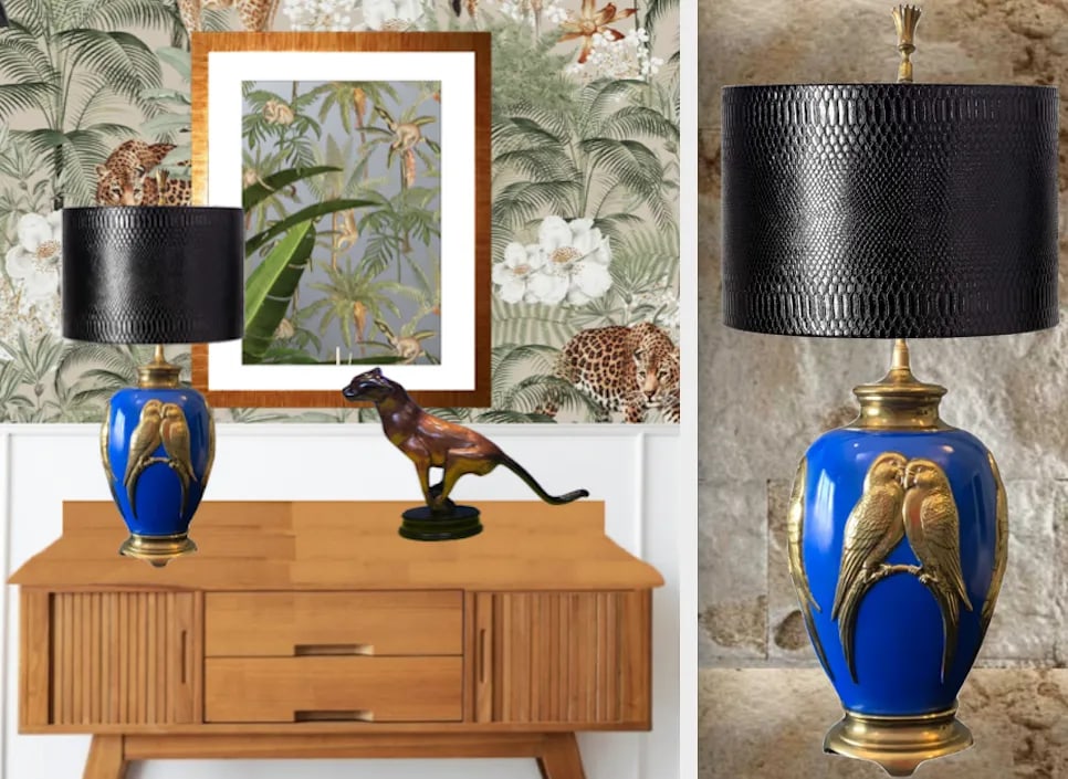 Vintage Brass Lamp: Love Birds Relief Design - 12