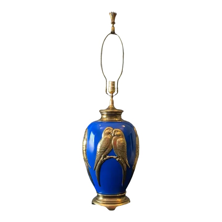 Vintage Brass Lamp: Love Birds Relief Design: This exquisite vintage urn-shaped brass lamp is a stunning fusion of classic elegance and contemporary flair. With a gracefully bulbous body that narrows in profile, it stands as a striking