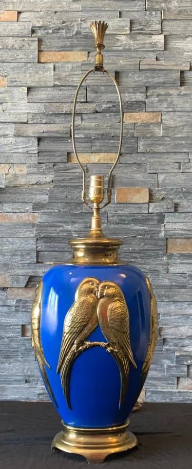 Vintage Brass Lamp: Love Birds Relief Design - 2
