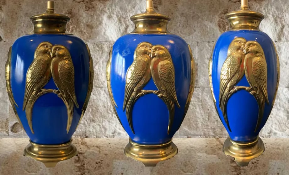 Vintage Brass Lamp: Love Birds Relief Design - 3