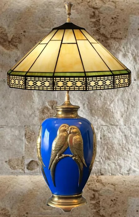 Vintage Brass Lamp: Love Birds Relief Design - 8