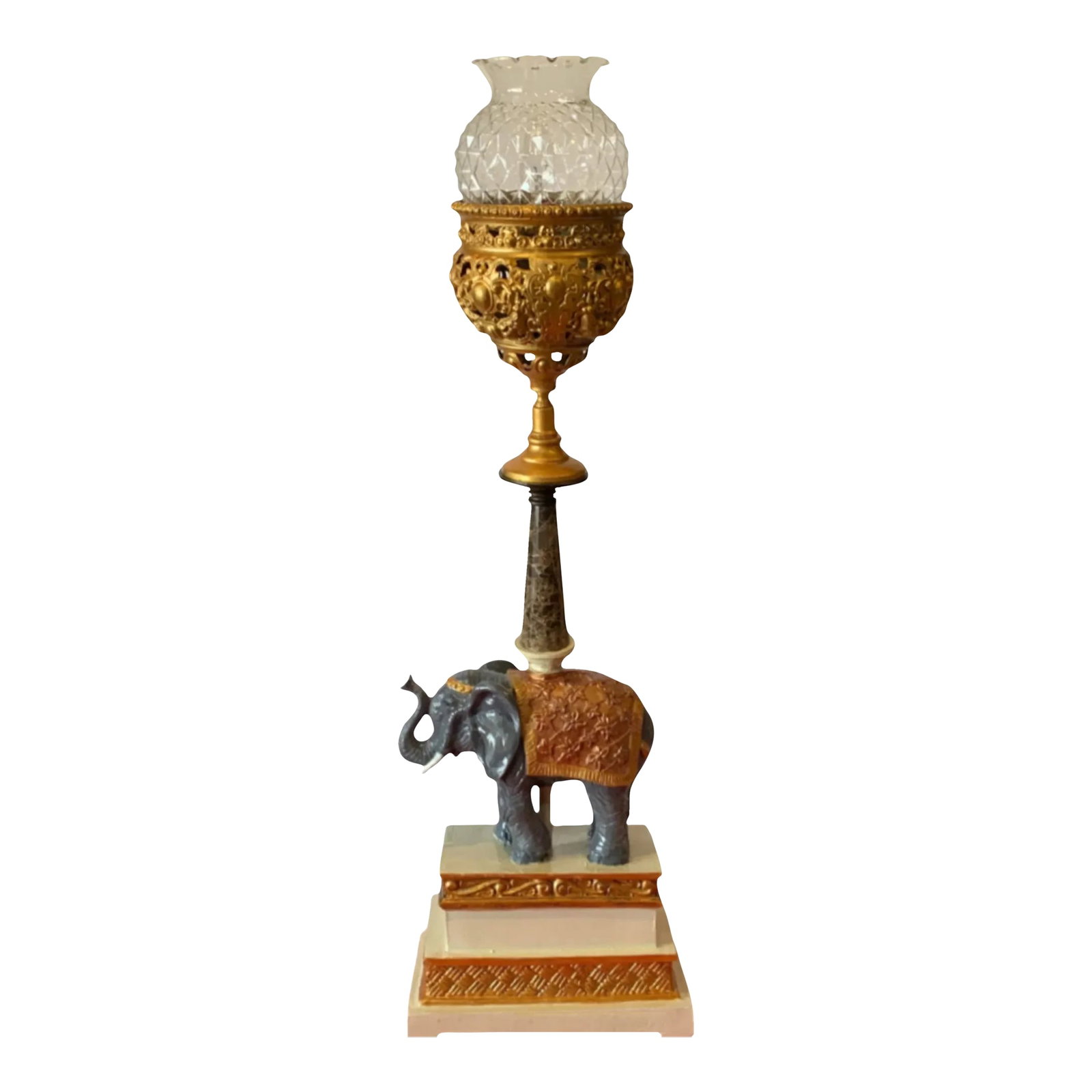 Vintage Elephant Obelisk Torchiere Lamp: This stunning elephant lamp draws its inspiration from Gian Lorenzo Bernini's iconic 1667 sculpture, featuring an elephant supporting an ancient Egyptian obelisk in the charming Piazza della Minerva, 