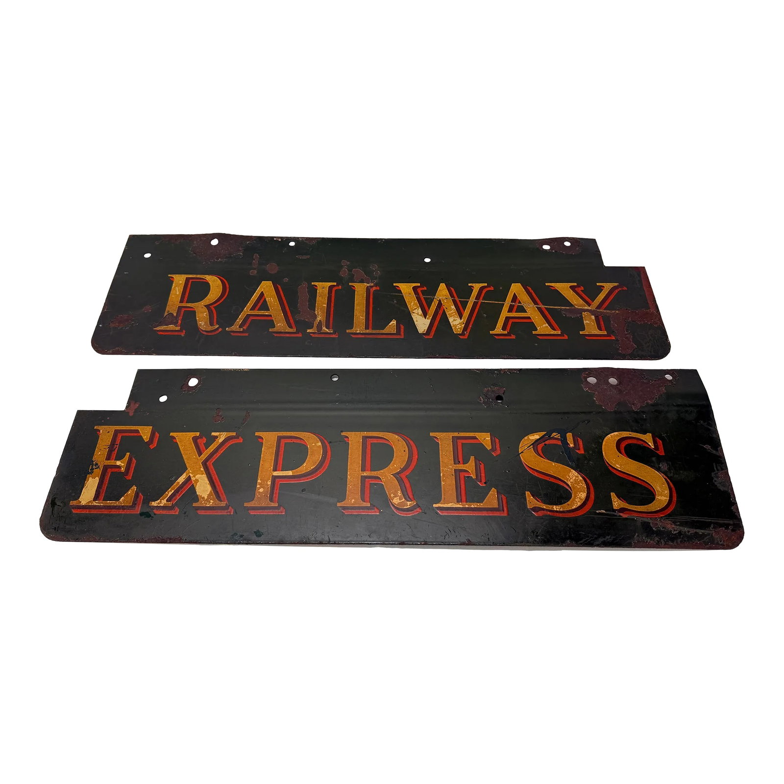 2 Pc, Antique Original Railway Express Agency Porcelain Signs: 2 Pc, Antique Original Railway Express Agency Porcelain on Metal Signs - Measures 20" x 5.75" h. Condition: Alterations: Original Condition Unaltered Imperfections: Some Imperfections Condition Notes: