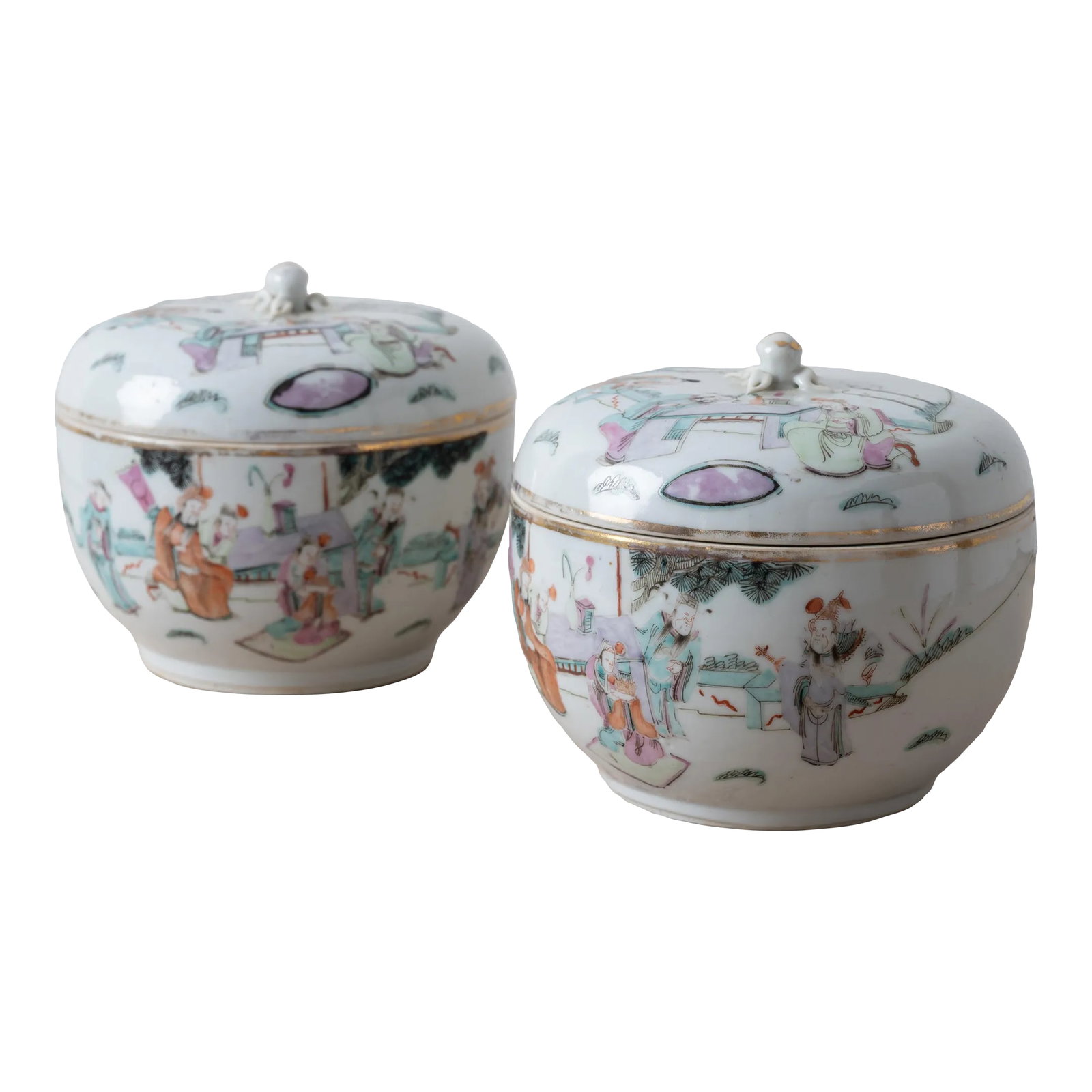 A Pair of Famille Rose Lidded Jars, 19th Century: A pair of small Chinese famille rose porcelain lidded jars, late 19th century. 5 1/4 inches wide by 4 1/2 inches tall Condition: Alterations: Original Condition Unaltered Imperfections: Some