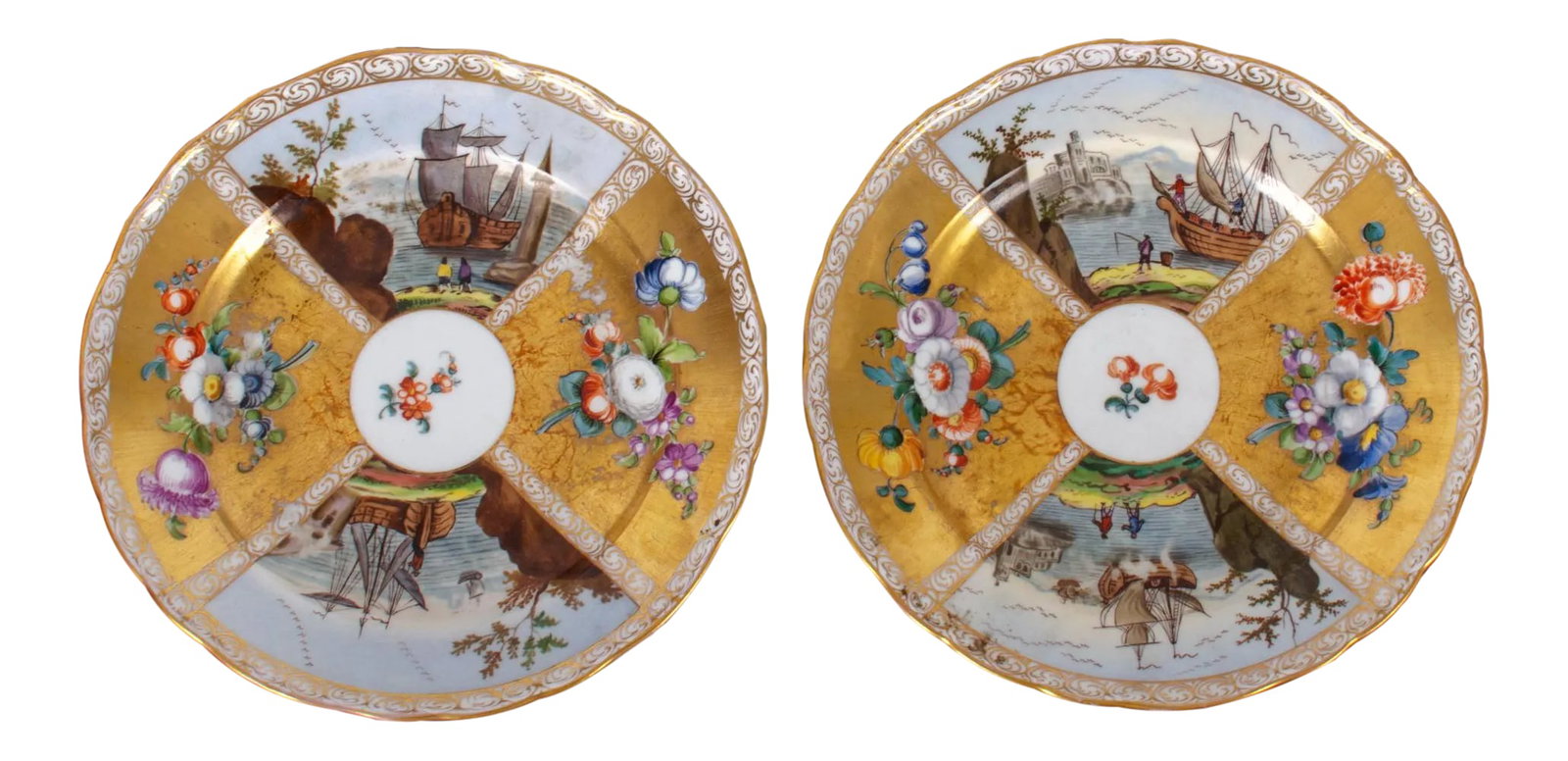 18th Century Meissen Plates Kauffahrtei Scenes - a Pair: Pair of Meissen plates with Kauffahrtei harbor scenes. Crossed swords mark, painted in Dresden shop. 9 inches wide Condition: Alterations: Original Condition Unaltered Imperfections: Some