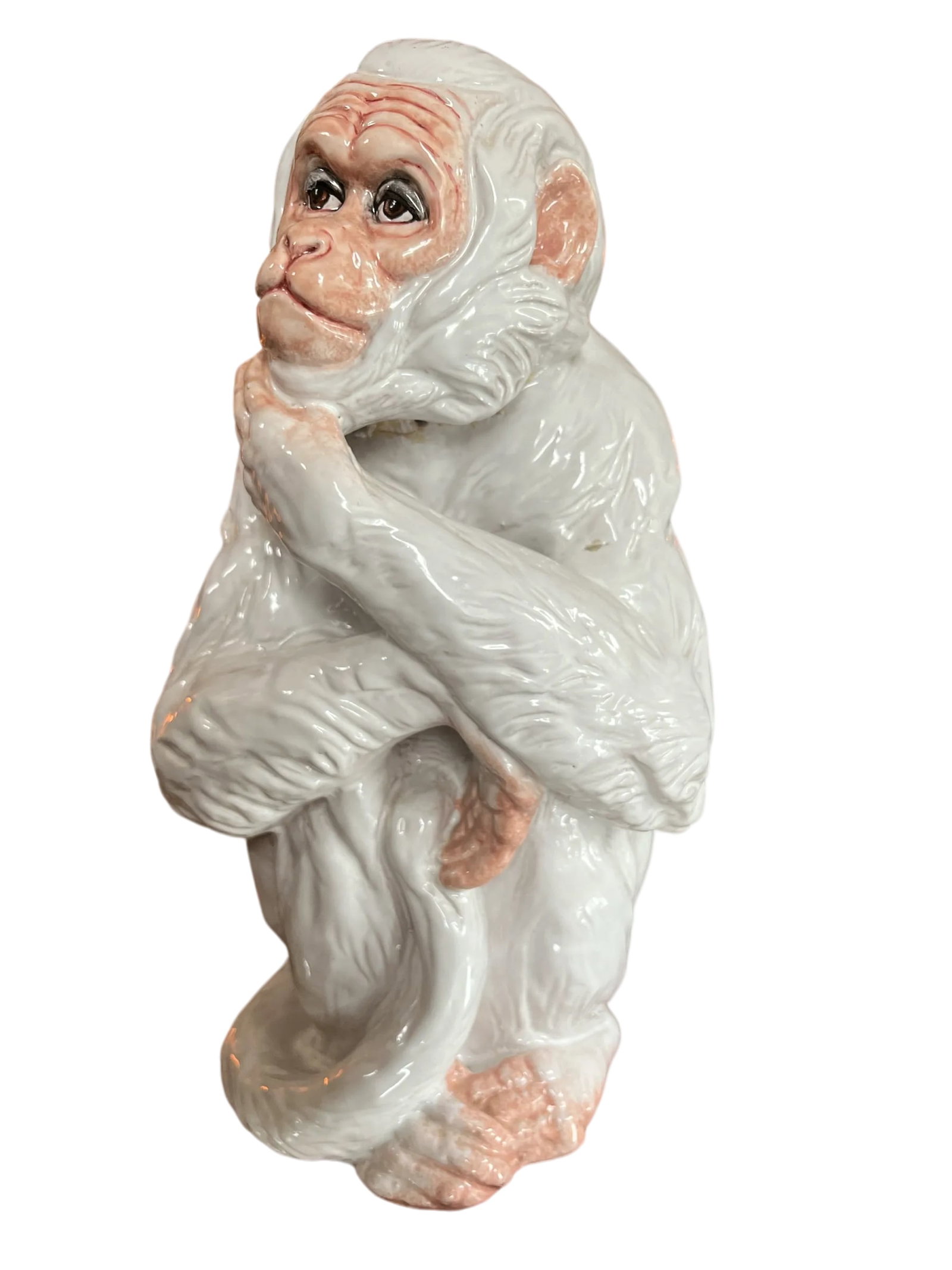 Large 1960s Italian Faenza Barbotine Ceramic Statue of a White Majolica Capuchin Monkey - 2