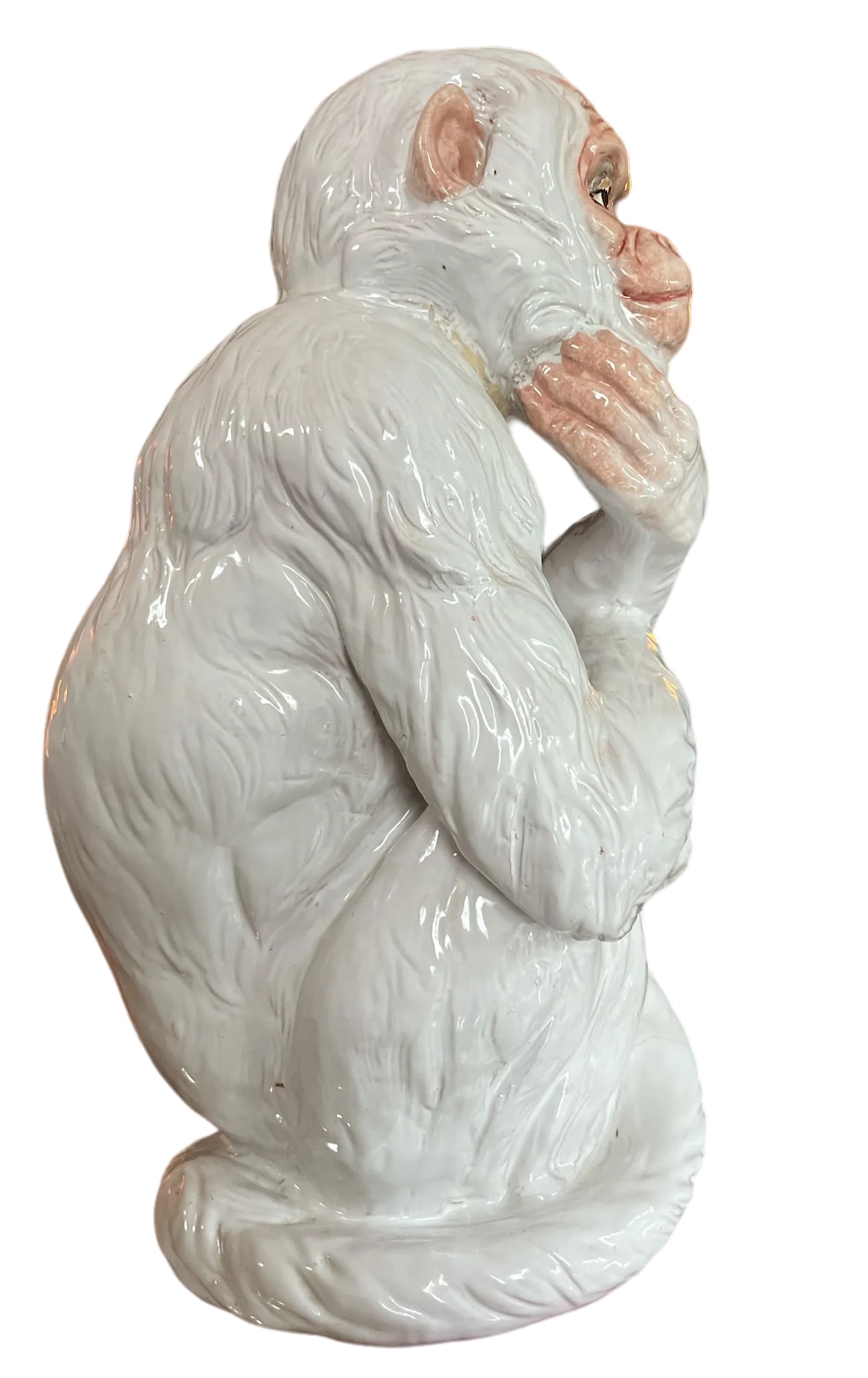 Large 1960s Italian Faenza Barbotine Ceramic Statue of a White Majolica Capuchin Monkey - 6