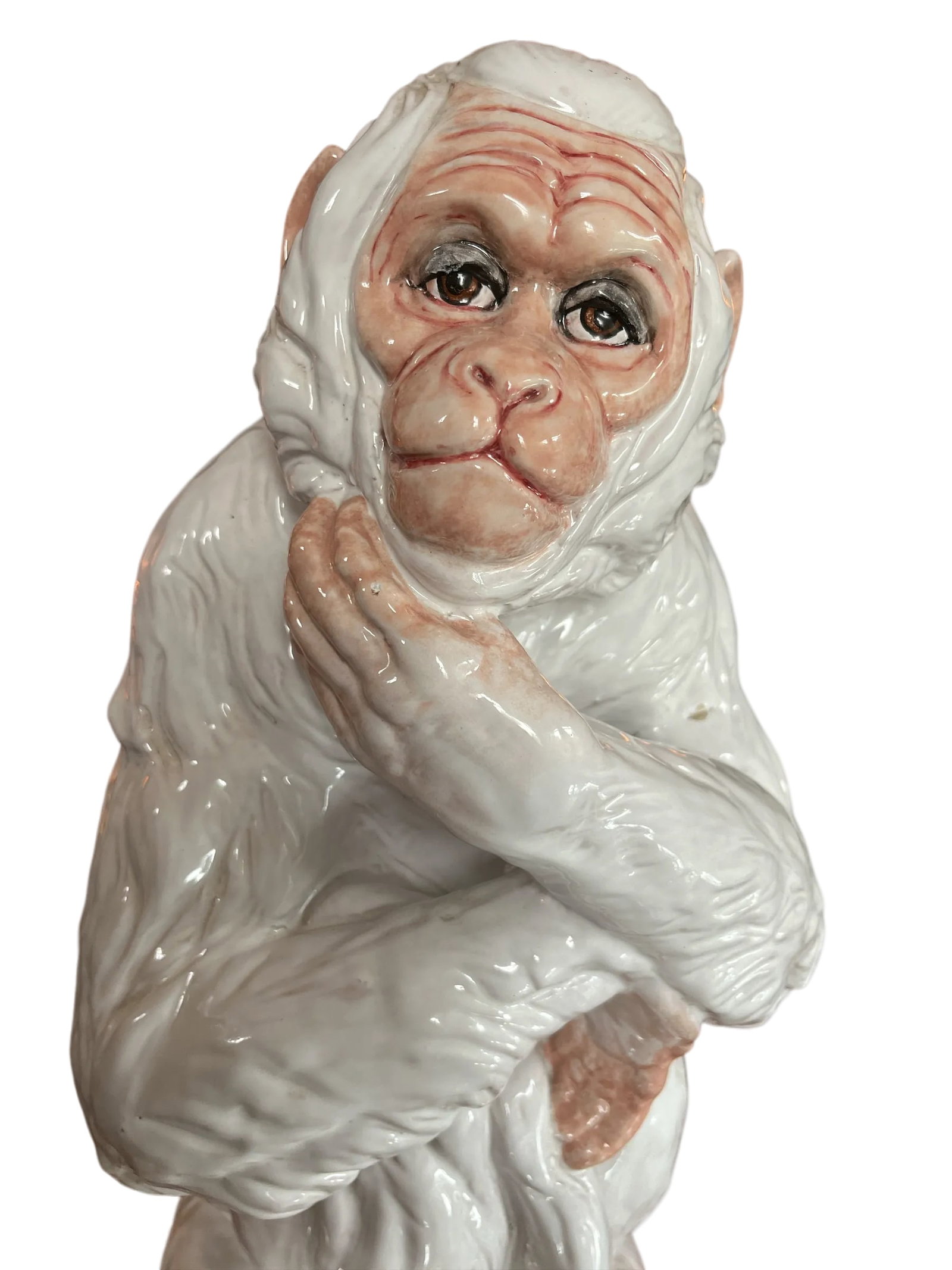 Large 1960s Italian Faenza Barbotine Ceramic Statue of a White Majolica Capuchin Monkey - 7