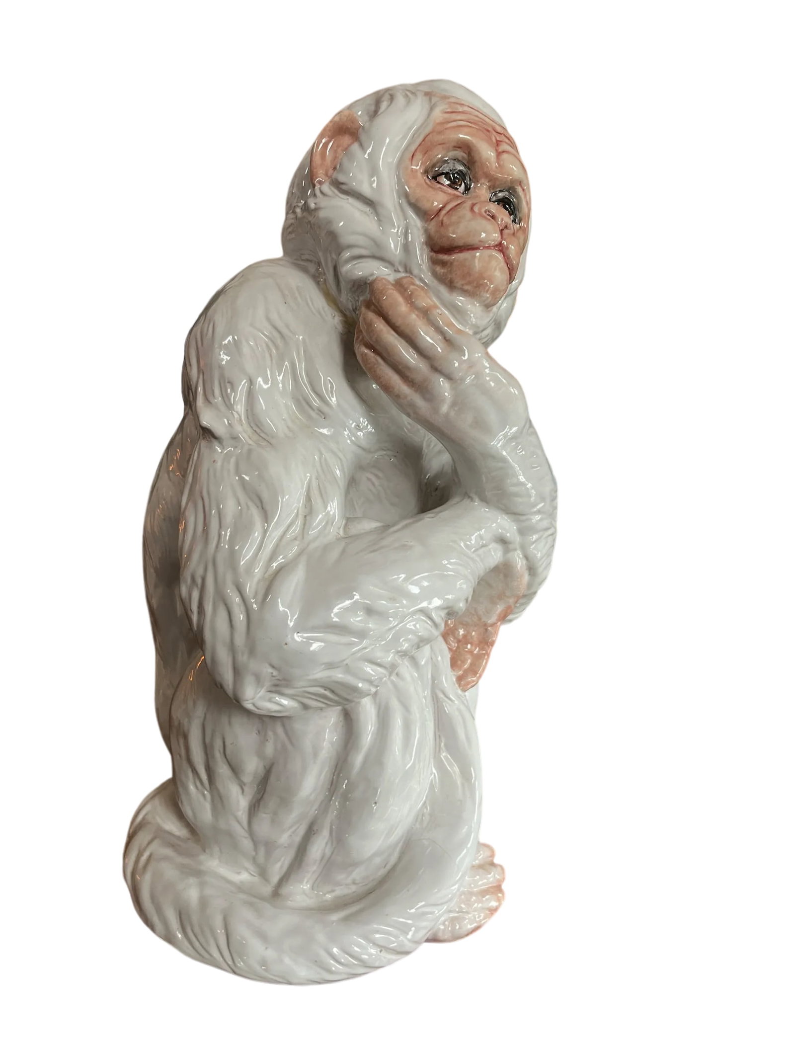 Large 1960s Italian Faenza Barbotine Ceramic Statue of a White Majolica Capuchin Monkey - 8