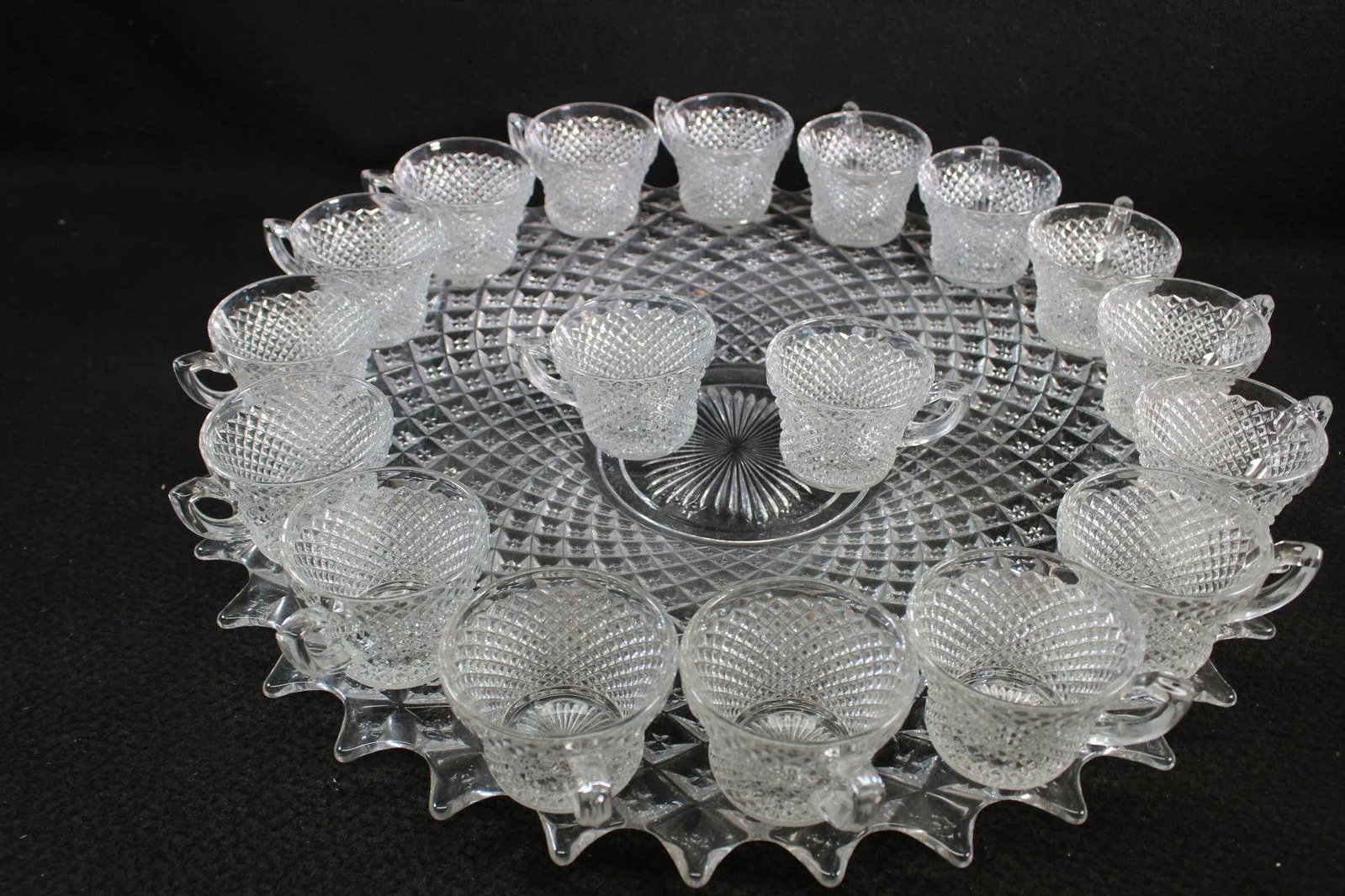 Large 1930s Depression Glass Punch Bowl Set With Platter, Miss America Pattern- 20 Pieces - 11