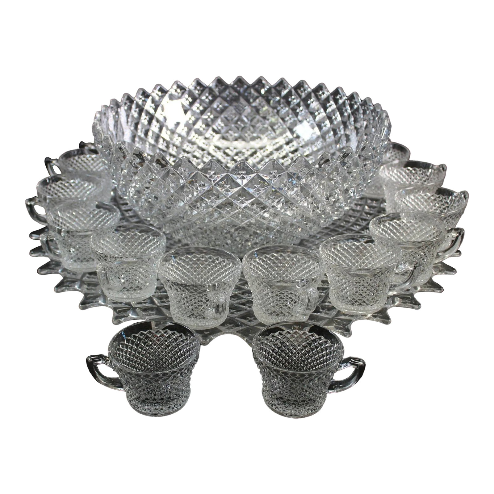 Large 1930s Depression Glass Punch Bowl Set With Platter, Miss America Pattern- 20 Pieces: This is an exquisite set - A Grand set that will surely make a statement. The Miss America pattern, produced between 1933 and 1936, has a starburst in the center and a cut diamond pattern that