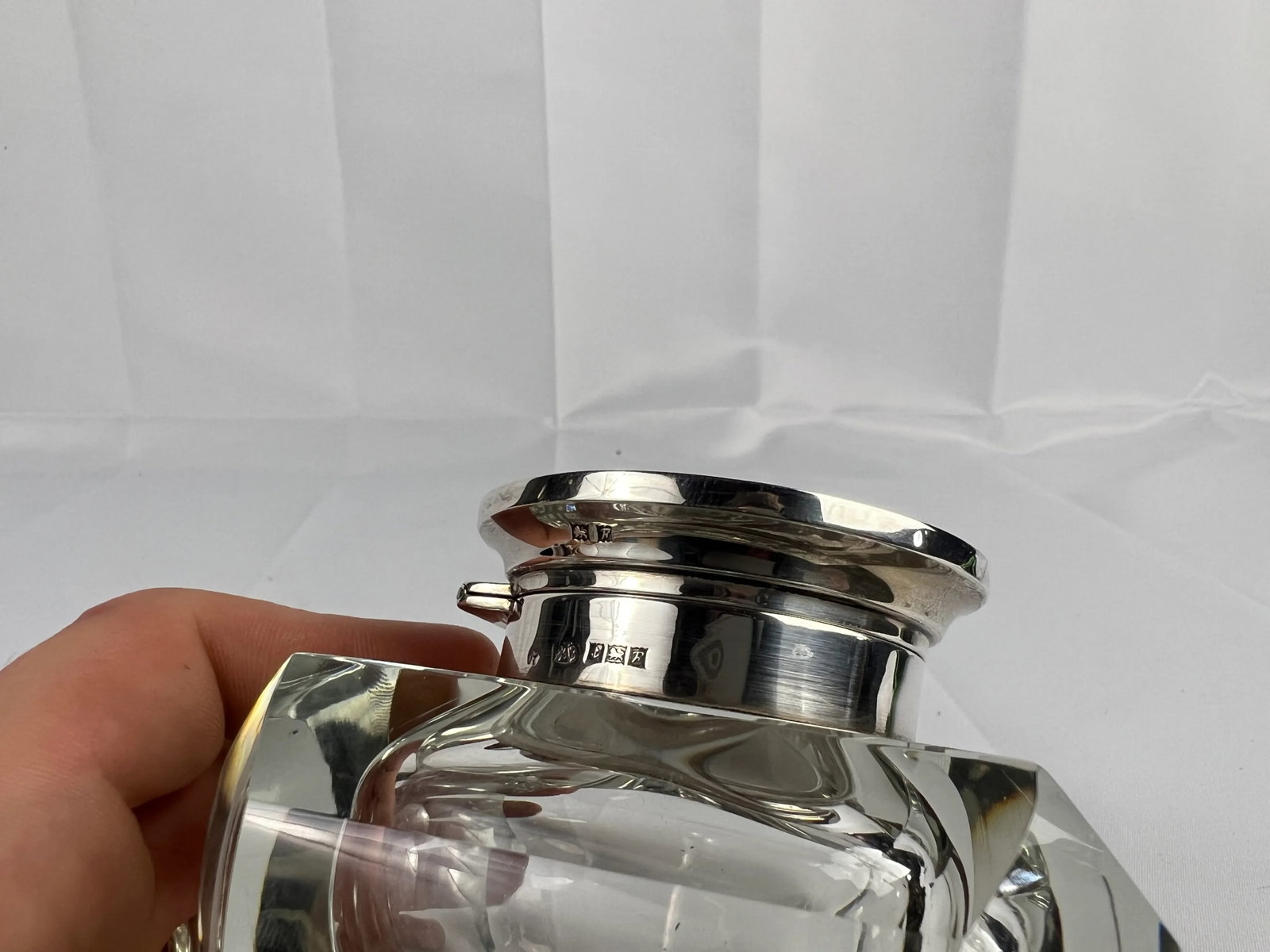 Adie Brothers Ltd, Sterling Silver & Crystal Vanity Jar or Inkwell C. 1955 - 6