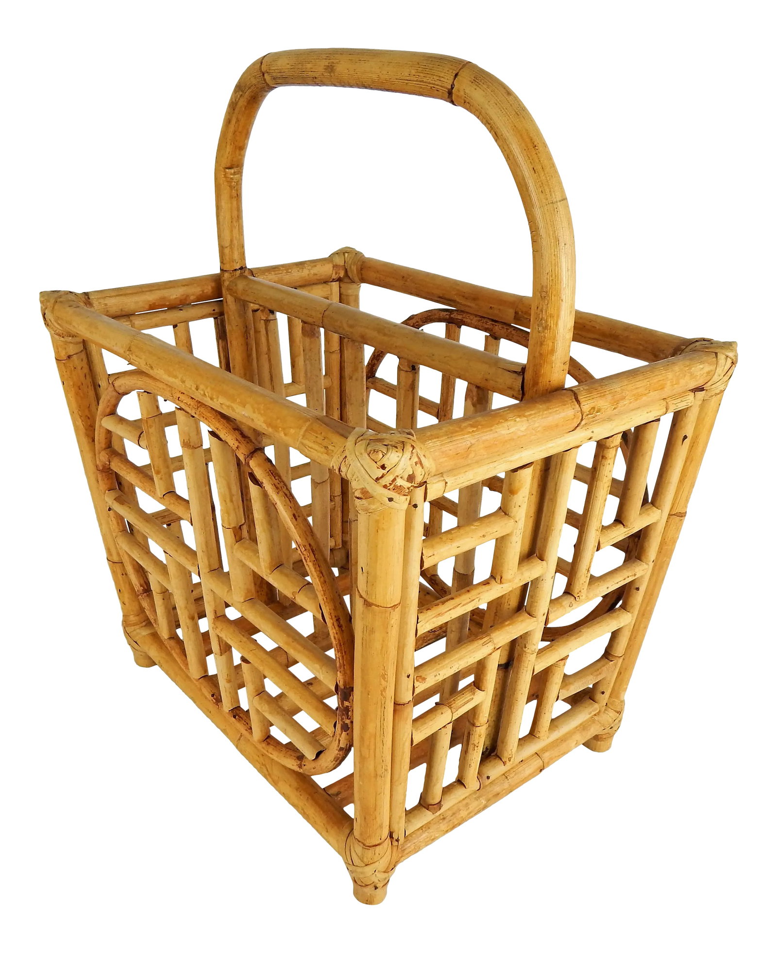 Asian Motif Bamboo Magazine Rack: Vintage natural Bamboo Asian motif magazine rack. Excellent condition. Dimensions: 15"L x 11.5"D x 13"H; 20"H to top of handle. Condition: Alterations: Original Condition Unaltered Imperfections: