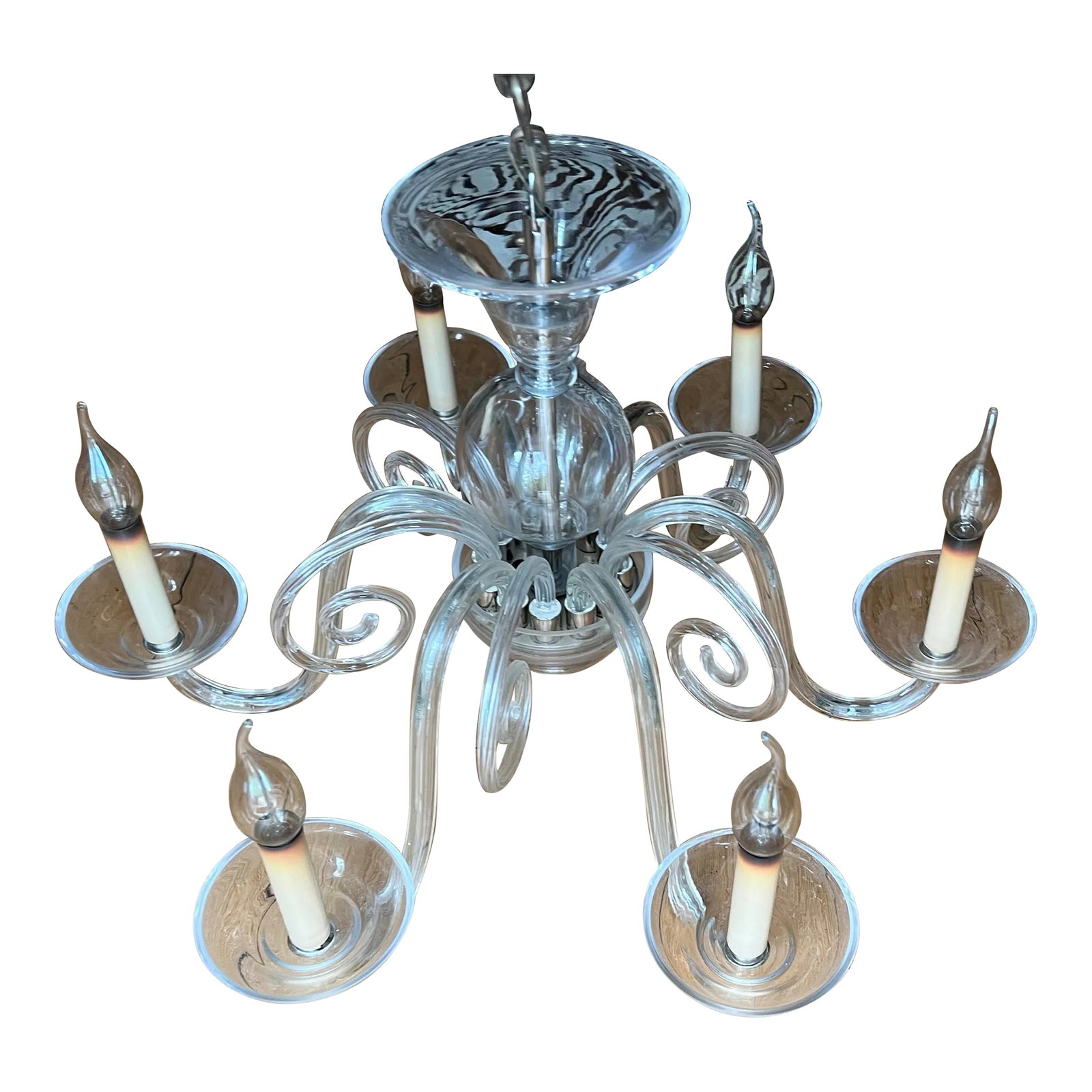 1970s Large Glass and Chrome Chandelier: Up for consideration is a beautiful glass and chrome chandelier. This would look lovely in your home and it is a great find for the interior design enthusiast. Please check out my other listings!