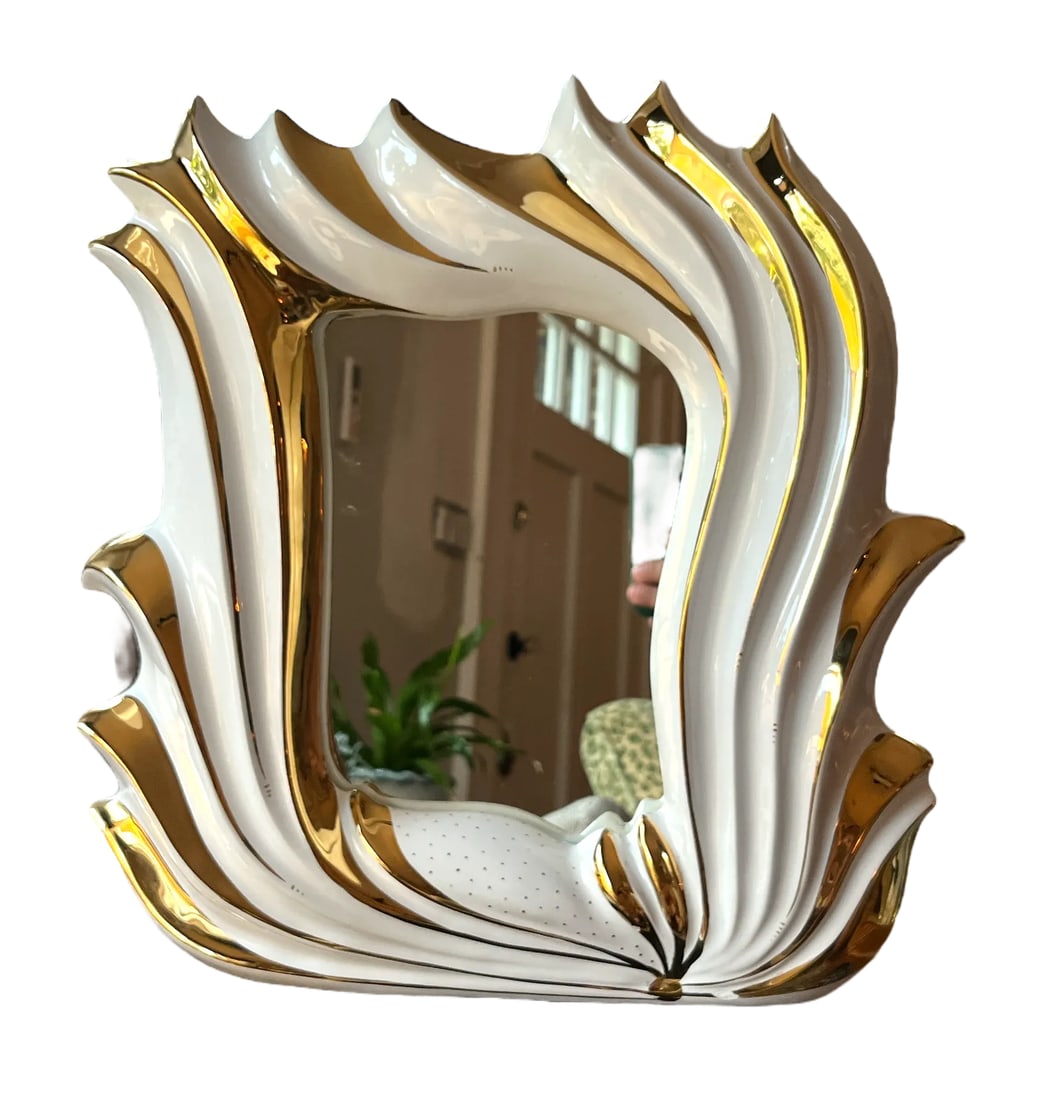Italian 1960s White Porcelain Flame Mirror With 24k Gold Gilt Oro Zecchino Decoration Flourishes - 2