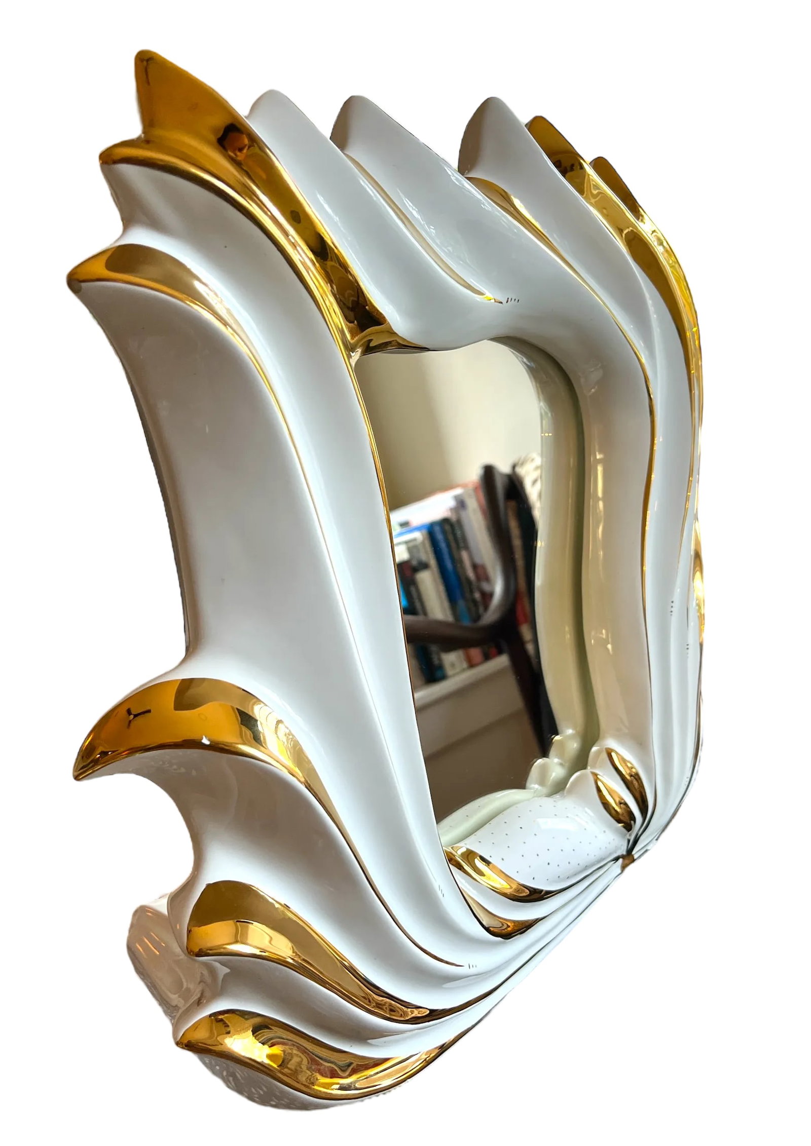 Italian 1960s White Porcelain Flame Mirror With 24k Gold Gilt Oro Zecchino Decoration Flourishes - 3