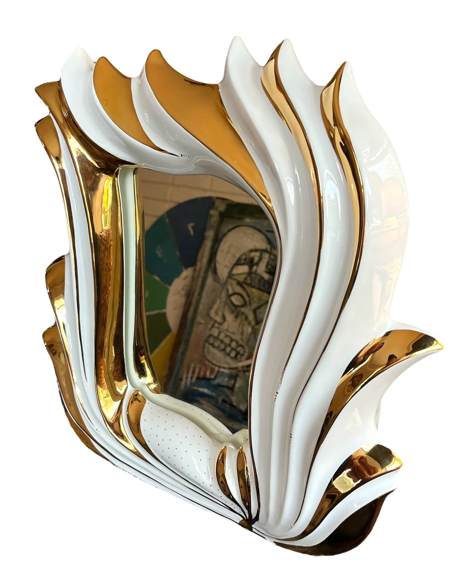 Italian 1960s White Porcelain Flame Mirror With 24k Gold Gilt Oro Zecchino Decoration Flourishes - 4