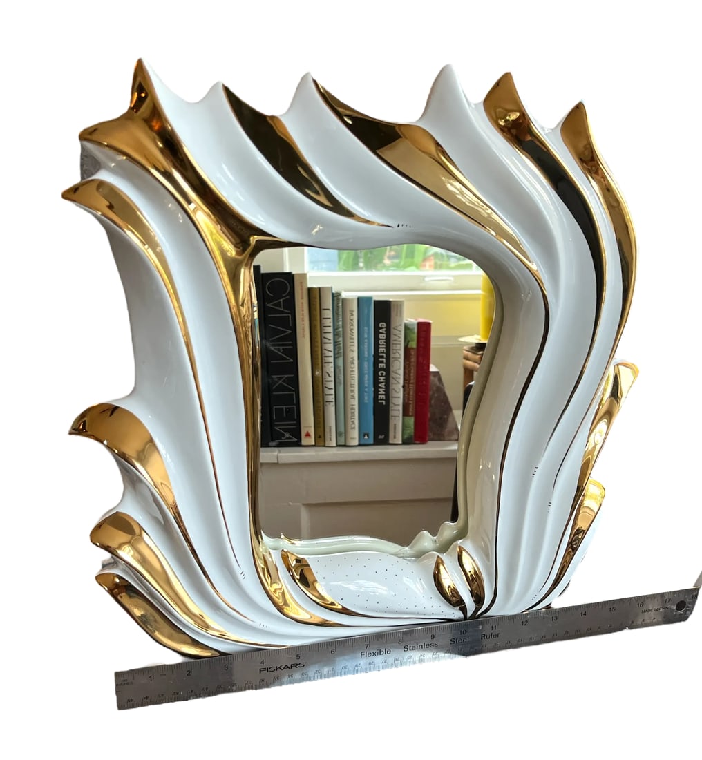 Italian 1960s White Porcelain Flame Mirror With 24k Gold Gilt Oro Zecchino Decoration Flourishes - 7