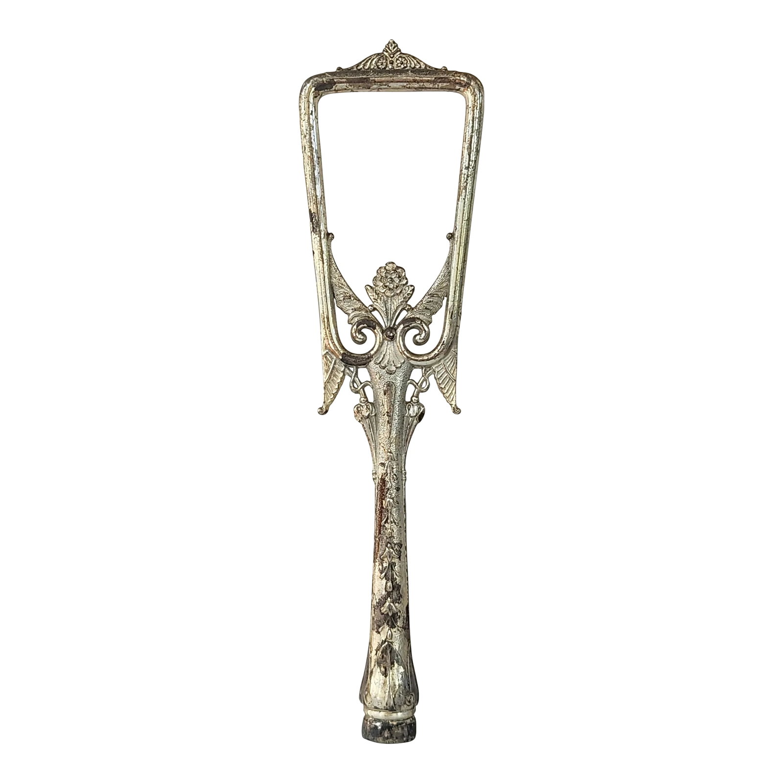 Victorian Tall Metal Lamp Finial, Floral & Angel Wing Motif: Victorian Silver Metal Lamp Finial with floral and Angel Wing motif. Lovely detailing all over and a stunning 10" in height! Both heavy and solid. Parlor Decor. 10" in tall x 2-3/4" at the widest