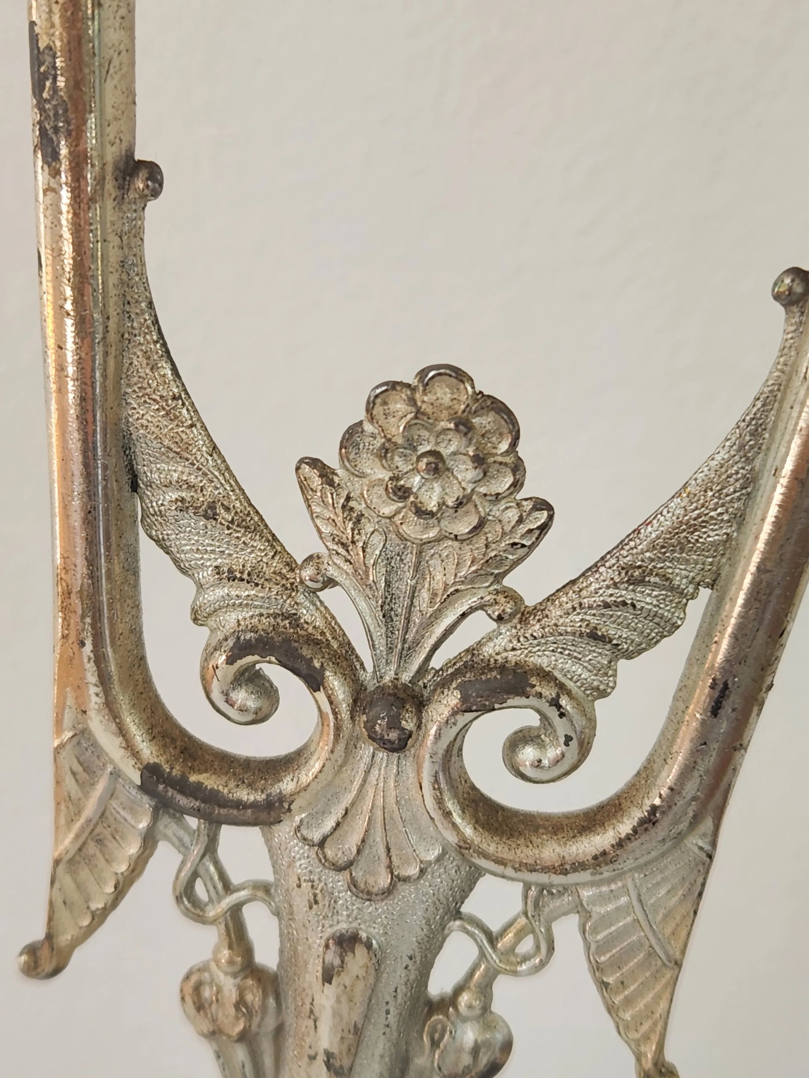 Victorian Tall Metal Lamp Finial, Floral & Angel Wing Motif - 4