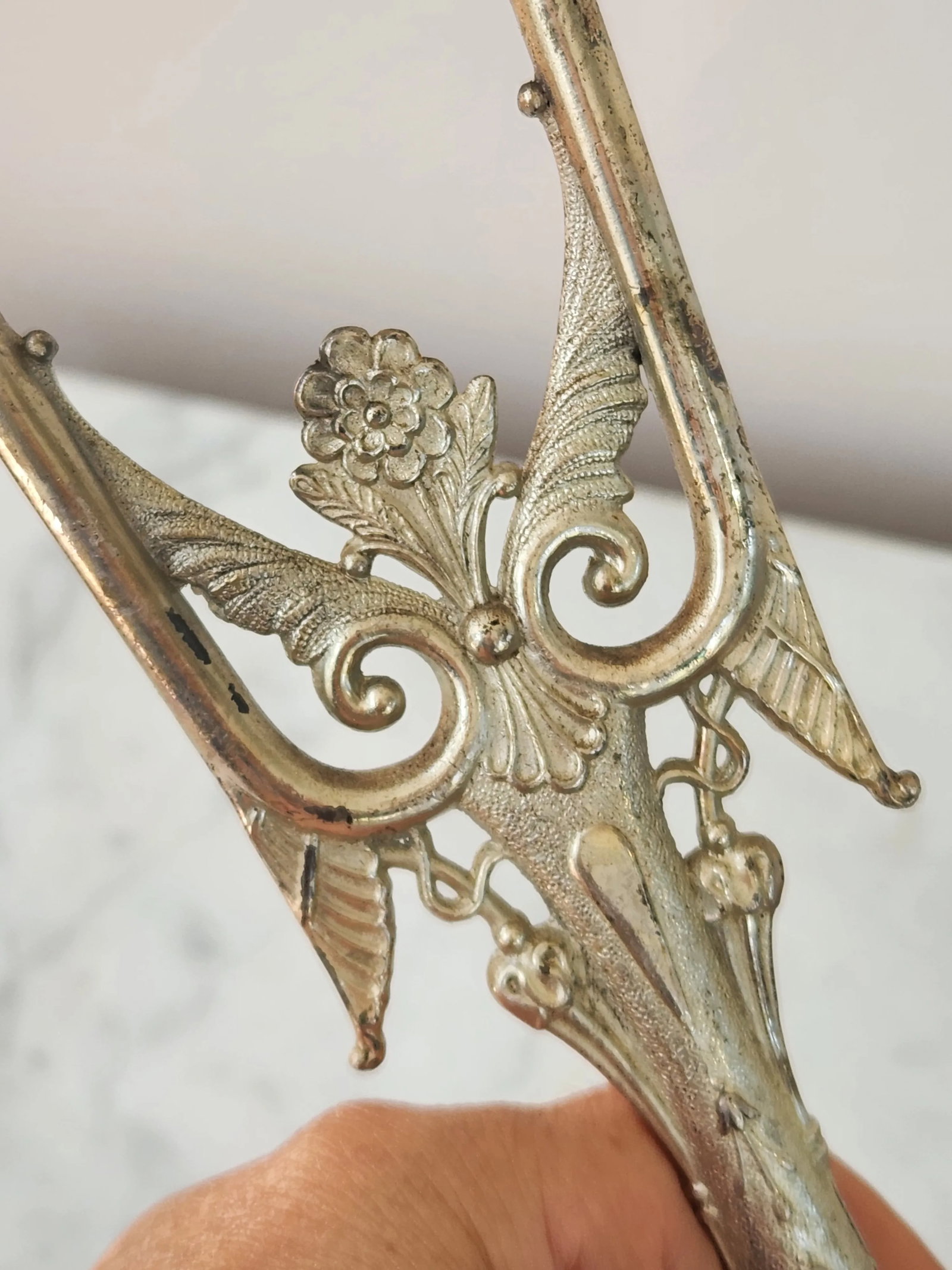 Victorian Tall Metal Lamp Finial, Floral & Angel Wing Motif - 7