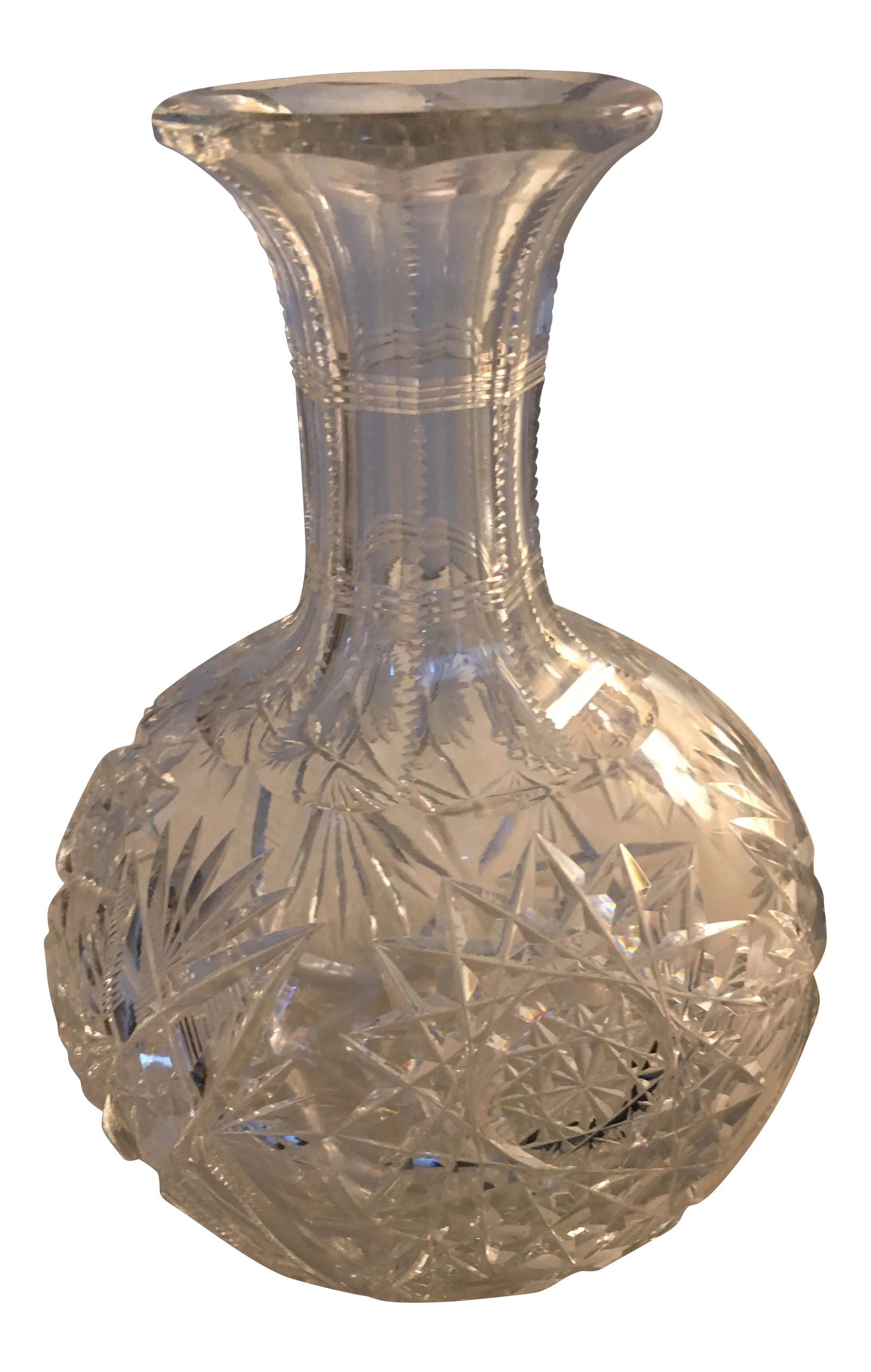 Cut Glass Crystal Carafe Hobstar Blaze Bottle: Nice vintage wine carafe Condition: Alterations: Original Condition Unaltered Imperfections: Some Imperfections Condition Notes: Excellent condition no flaws Materials & Techniques: Crystal De