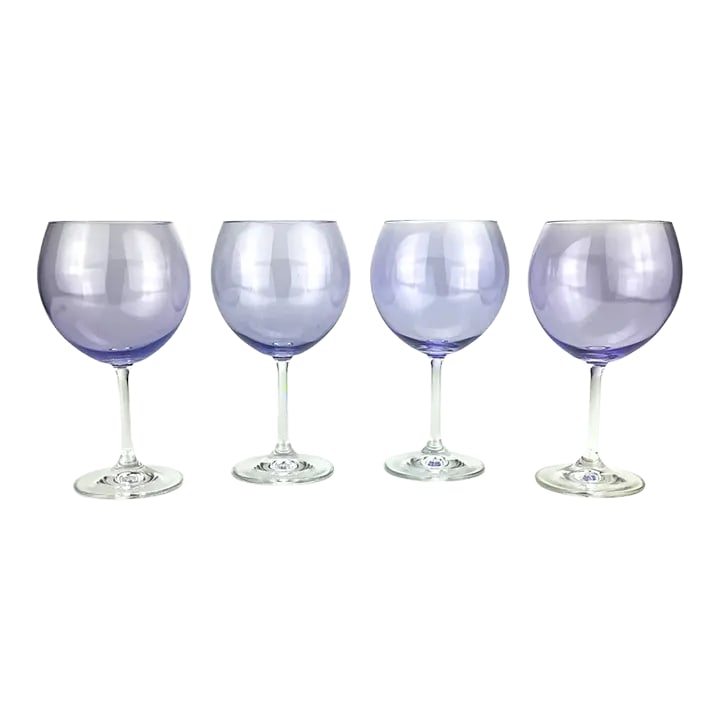 Vintage Crystal Wine Lavender Glass Set of 4: This set of 4 glasses have been lovingly stored away for decades. The delicate pale violet color will complement any theme you are using. Condition: Alterations: Original Condition Unaltered Imperfect