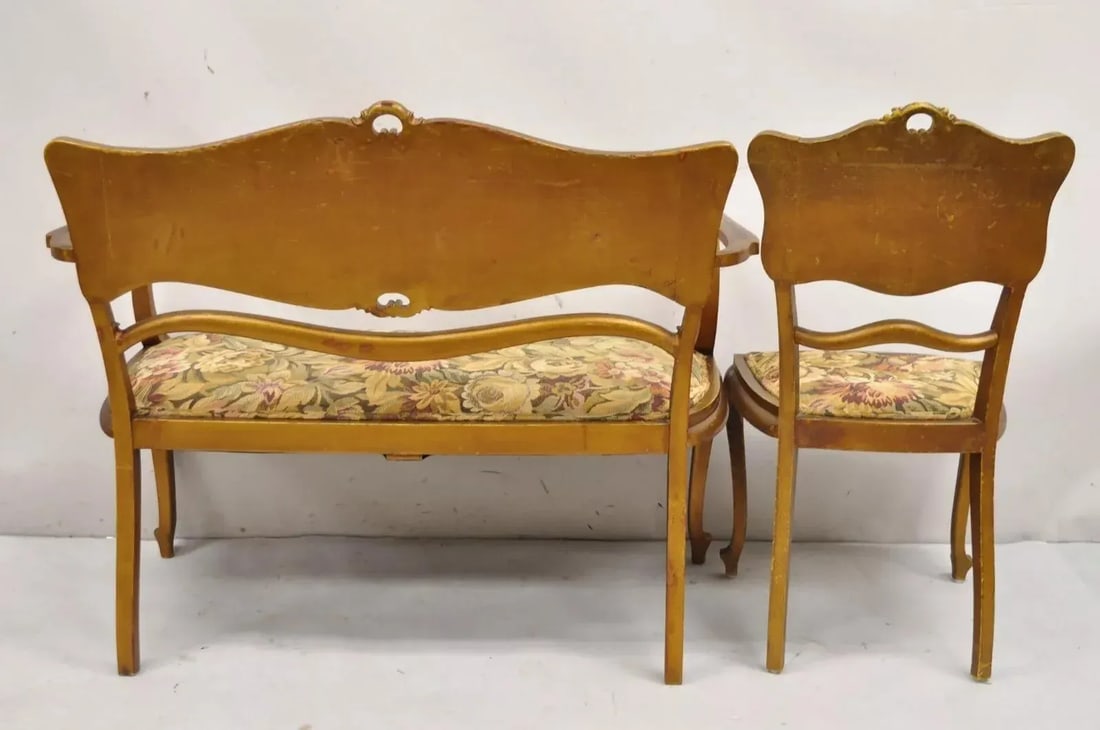 Early 20th Century Antique Victorian Art Nouveau Gold Giltwood Hand Painted Settee 2 Piece Parlor Se - 10