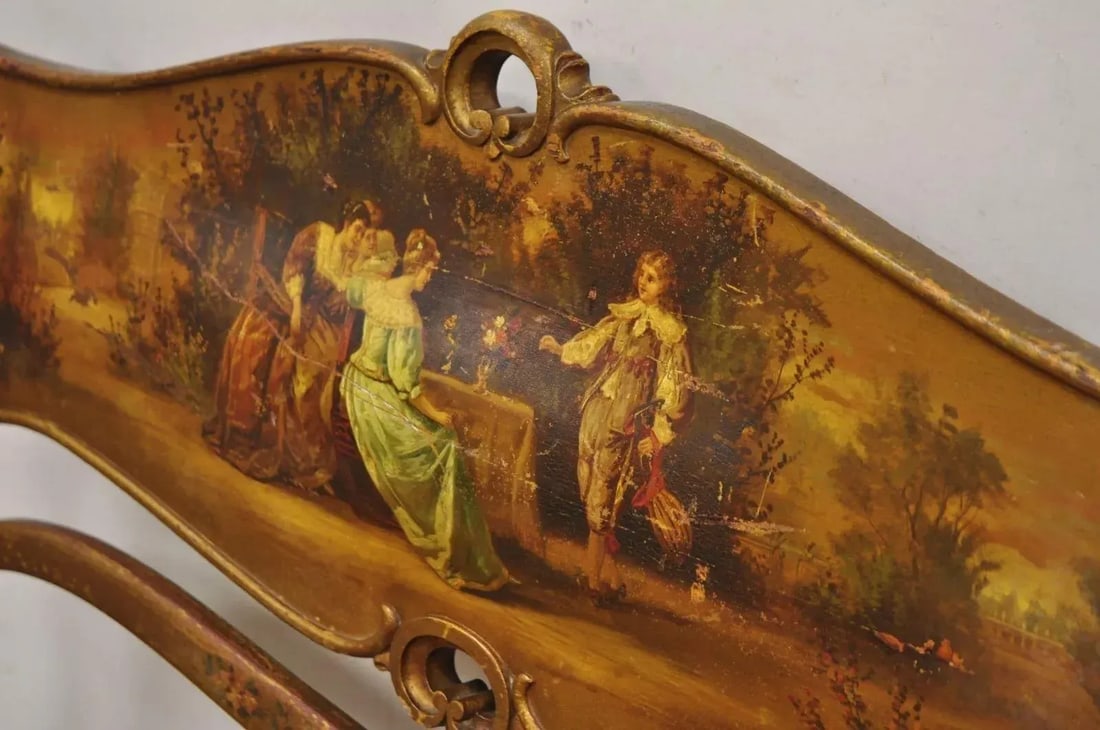 Early 20th Century Antique Victorian Art Nouveau Gold Giltwood Hand Painted Settee 2 Piece Parlor Se - 12