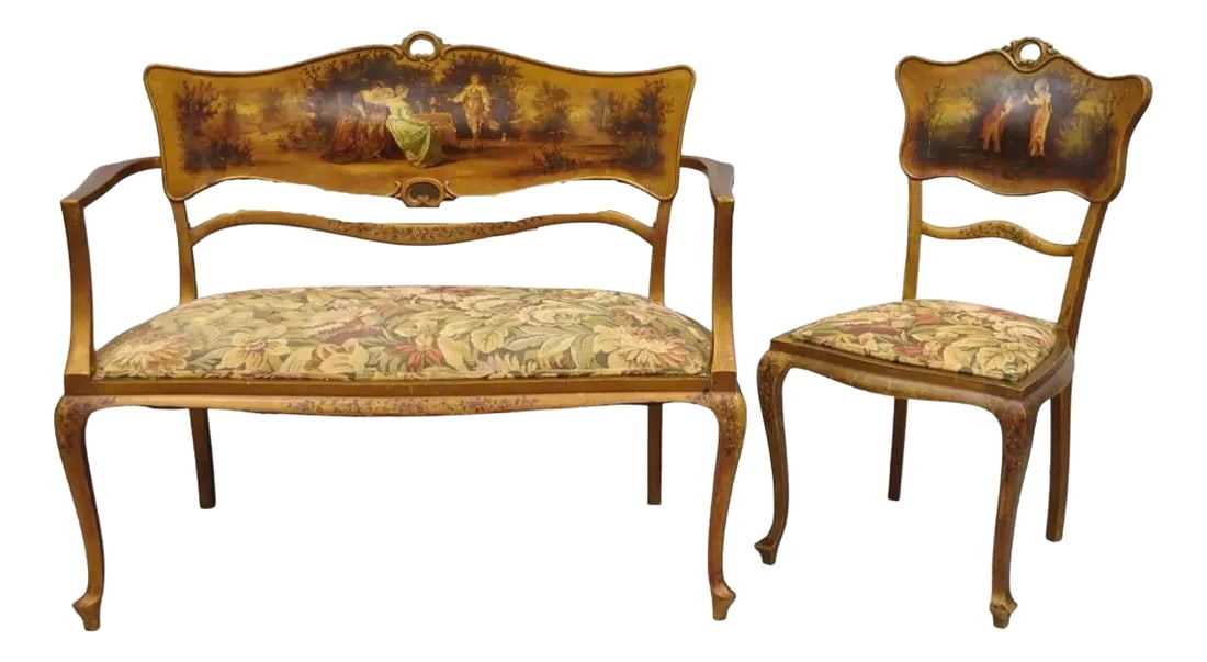 Early 20th Century Antique Victorian Art Nouveau Gold Giltwood Hand Painted Settee 2 Piece Parlor Se (1 of 12)