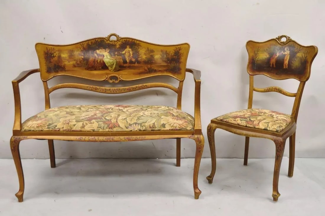 Early 20th Century Antique Victorian Art Nouveau Gold Giltwood Hand Painted Settee 2 Piece Parlor Se - 2