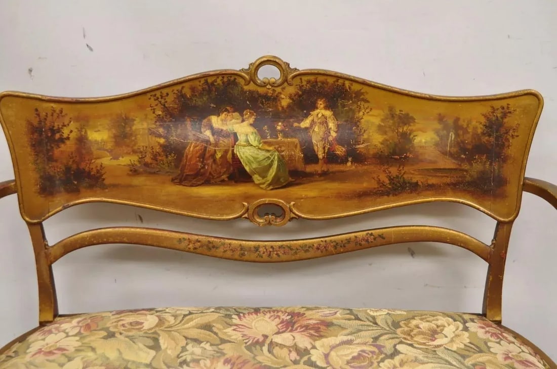 Early 20th Century Antique Victorian Art Nouveau Gold Giltwood Hand Painted Settee 2 Piece Parlor Se - 3
