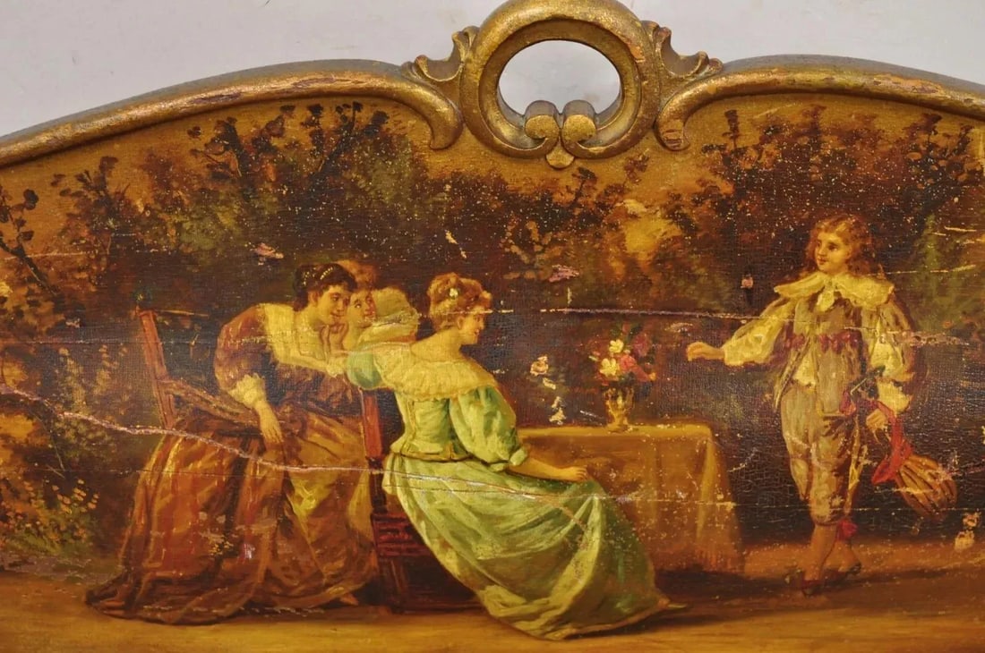 Early 20th Century Antique Victorian Art Nouveau Gold Giltwood Hand Painted Settee 2 Piece Parlor Se - 4