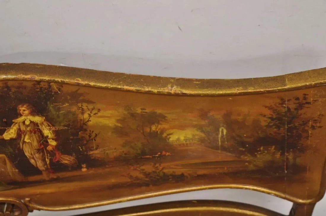 Early 20th Century Antique Victorian Art Nouveau Gold Giltwood Hand Painted Settee 2 Piece Parlor Se - 5