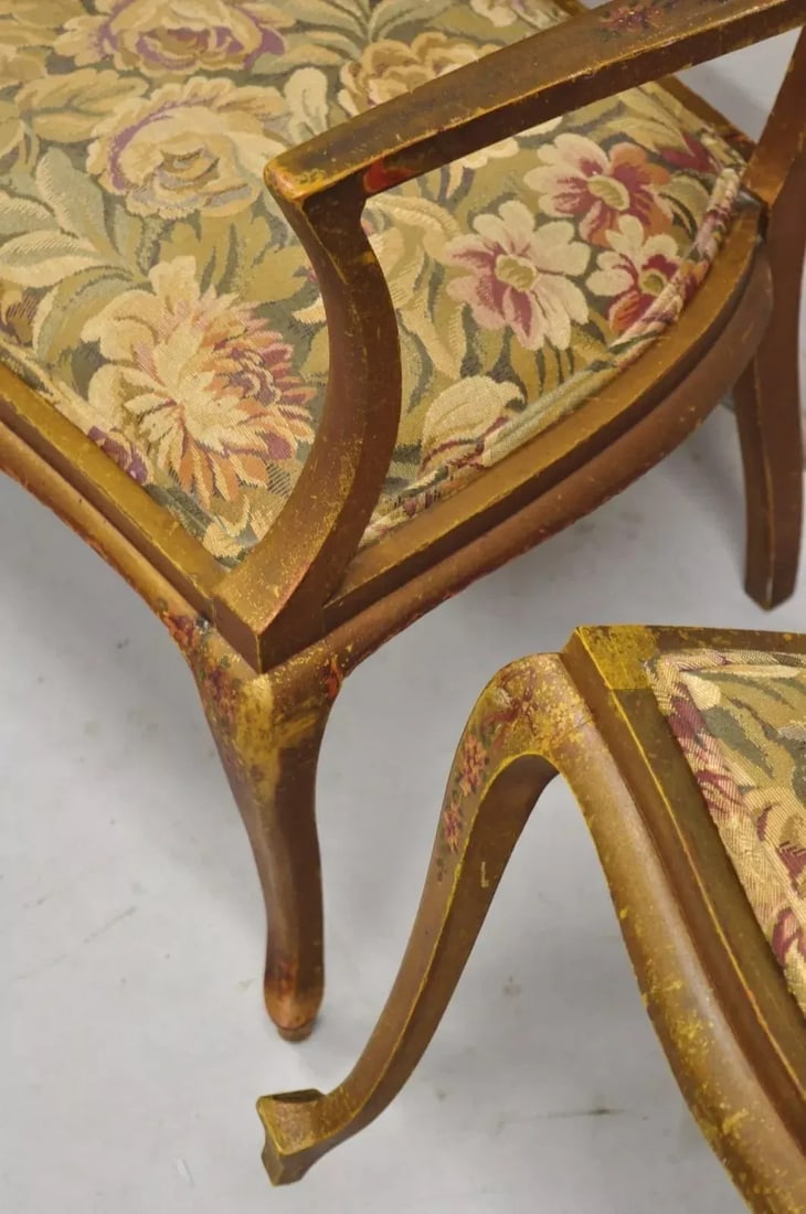 Early 20th Century Antique Victorian Art Nouveau Gold Giltwood Hand Painted Settee 2 Piece Parlor Se - 7