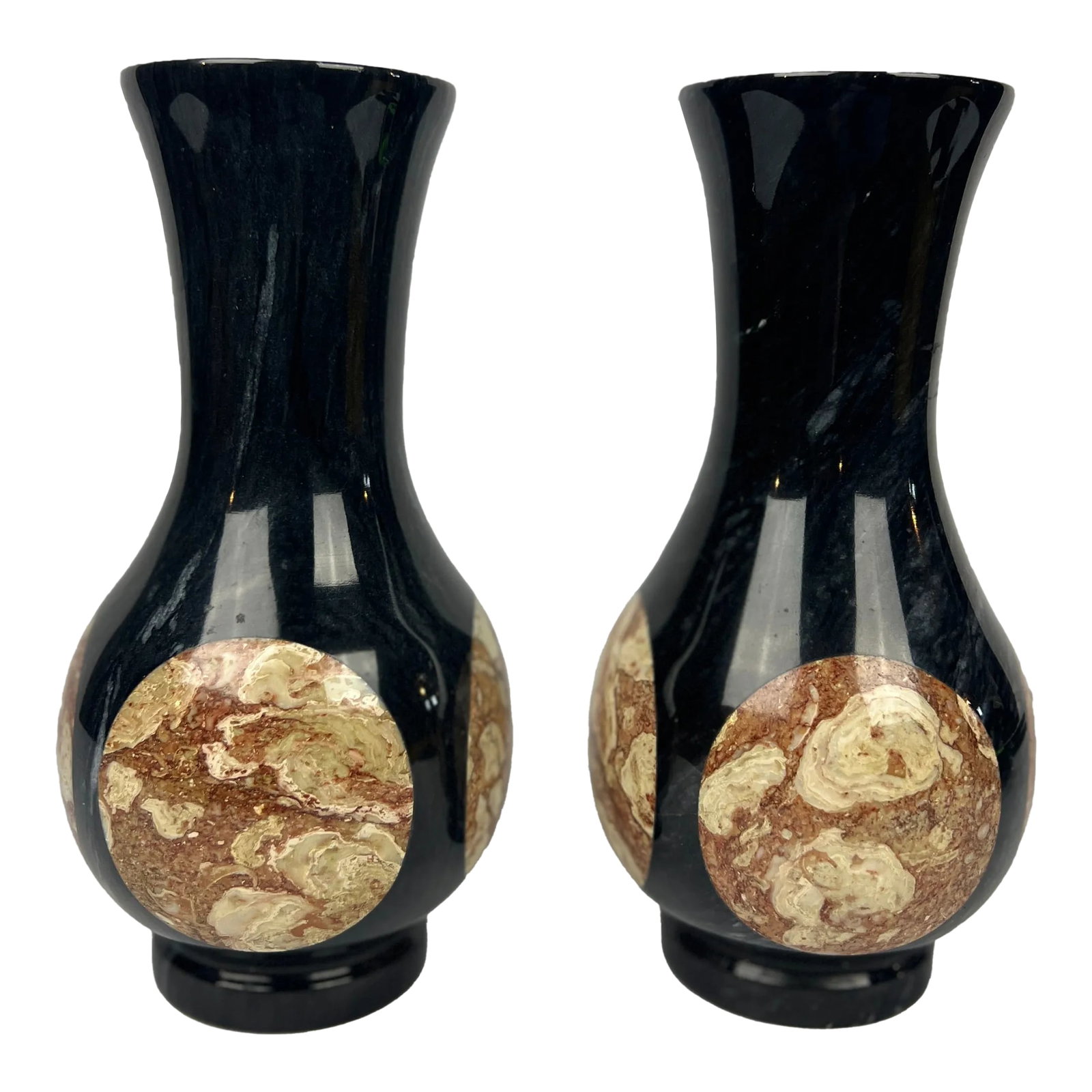 Pair, Vintage Black Onyx & Marble Inset Vases: This elegant pair of vintage vases features a sophisticated design crafted from black onyx and accented with contrasting marble insets. The vases are beautifully proportioned, showcasing clean,