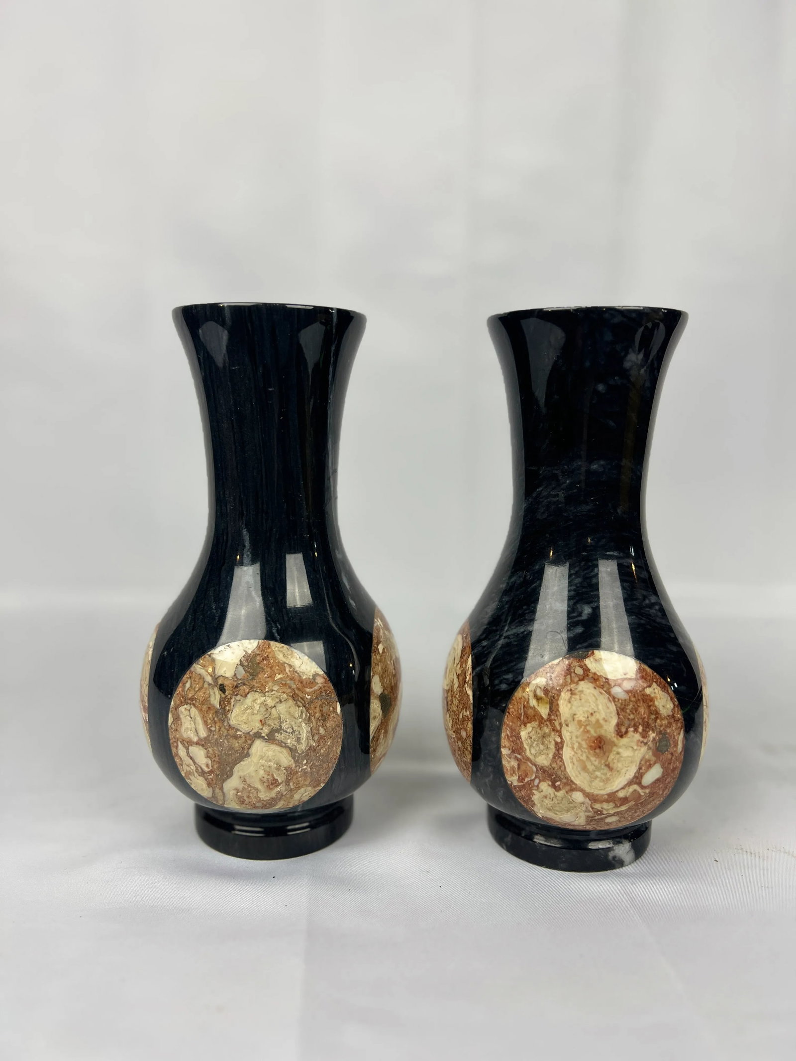 Pair, Vintage Black Onyx & Marble Inset Vases - 3