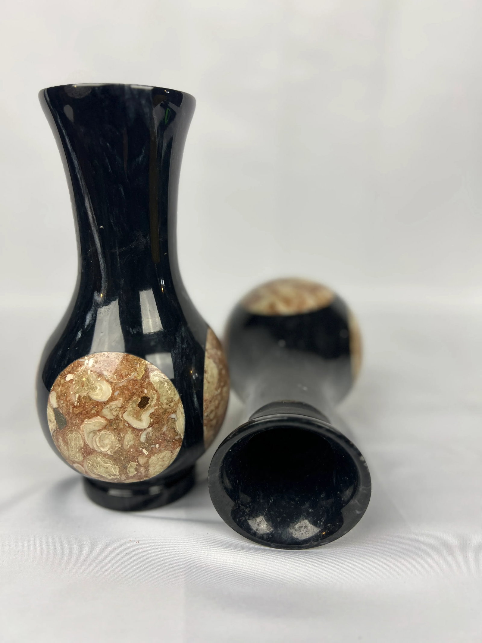 Pair, Vintage Black Onyx & Marble Inset Vases - 4