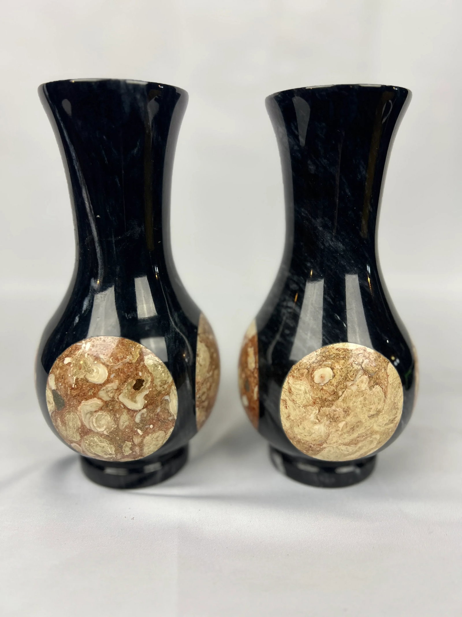 Pair, Vintage Black Onyx & Marble Inset Vases - 5