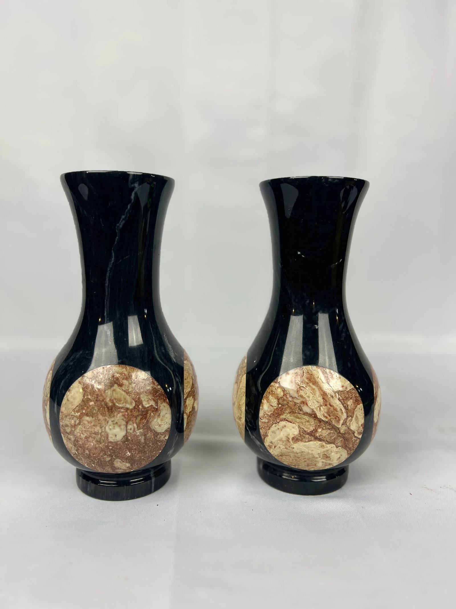Pair, Vintage Black Onyx & Marble Inset Vases - 6