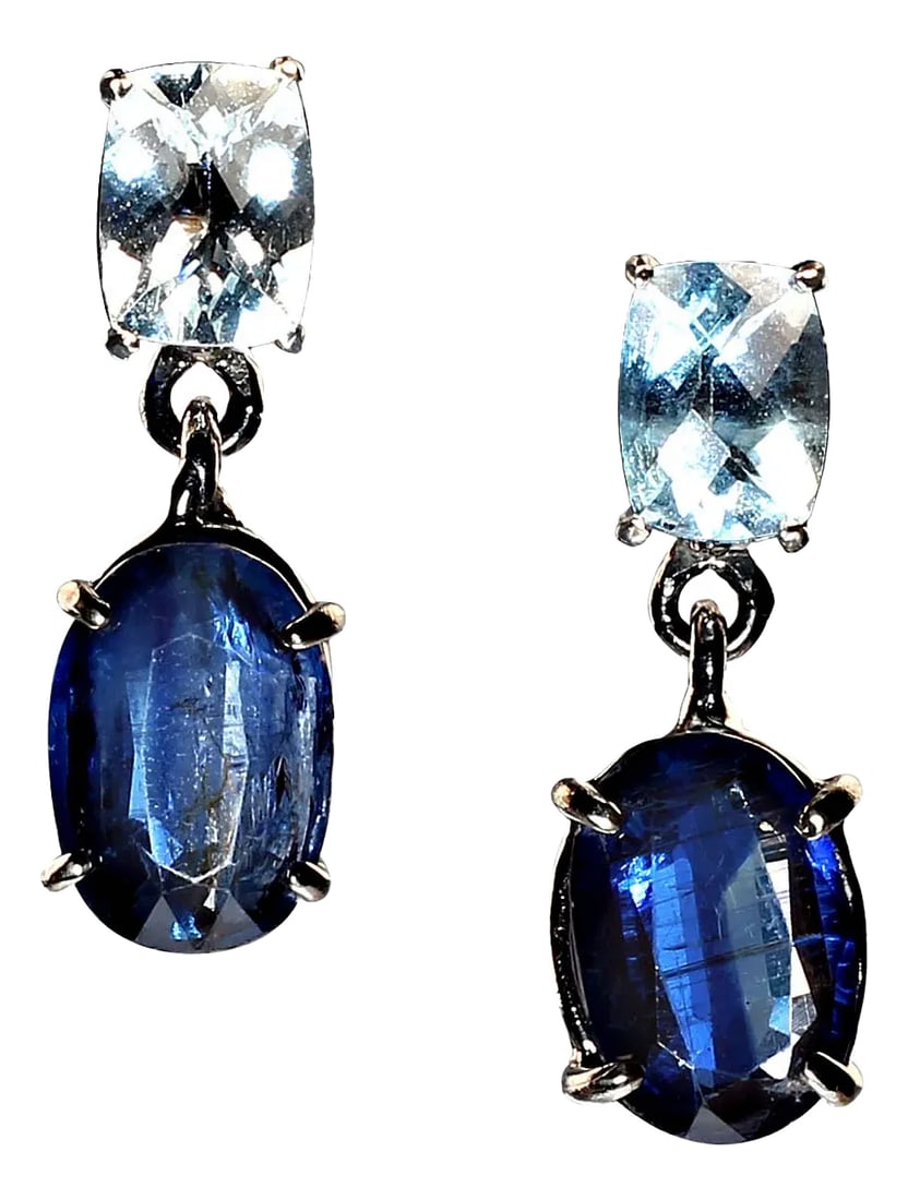 Awesome Aquamarine Ovals and Blue Kyanite in 14k White Gold Earrings - 2 Pieces: Stunning Aquamarine and Kyanite Earrings in 14K White Gold Elevate your jewelry collection with these stunning blue earrings featuring exquisite Aquamarine and deep blue Kyanite. Crafted in 14K white