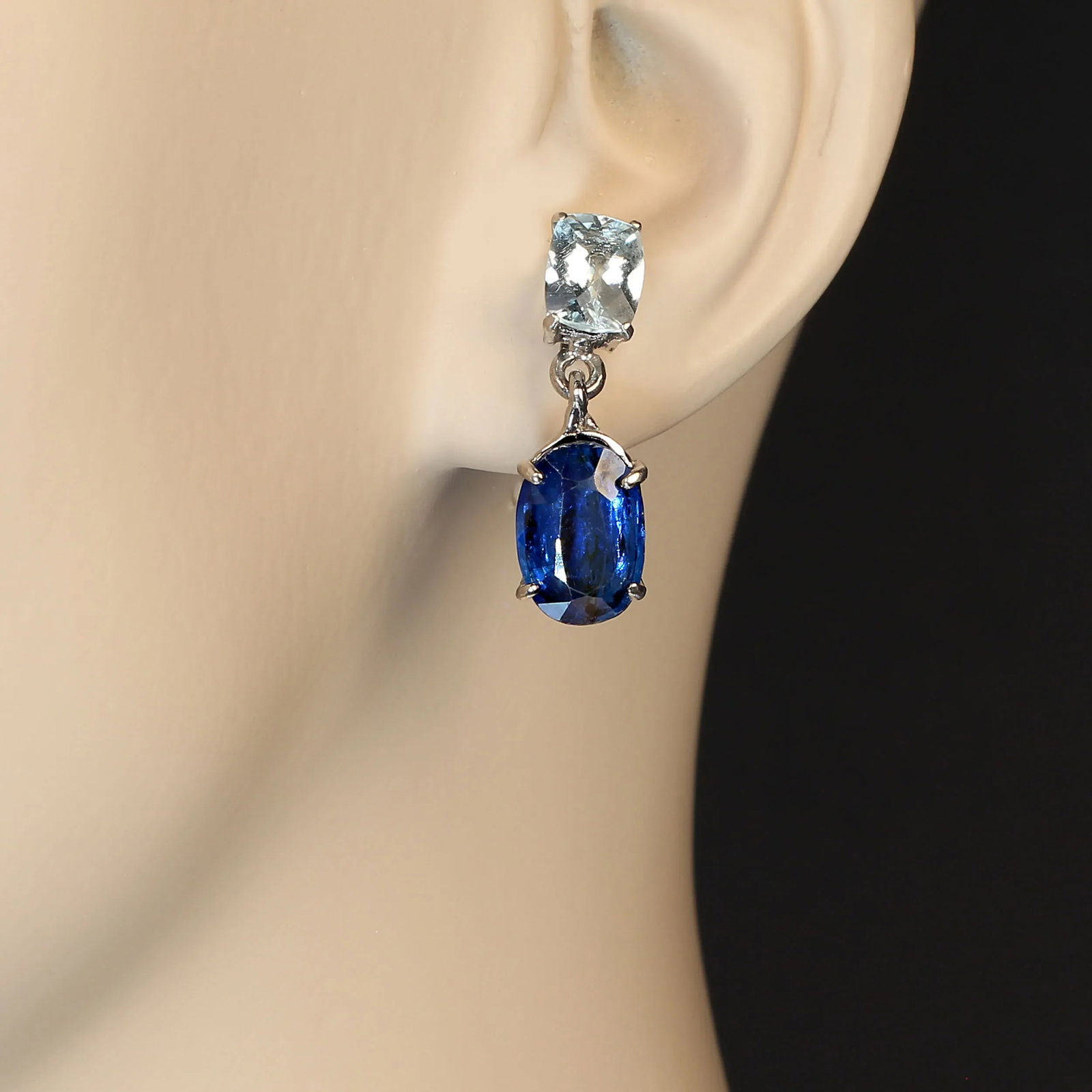 Awesome Aquamarine Ovals and Blue Kyanite in 14k White Gold Earrings - 2 Pieces - 2