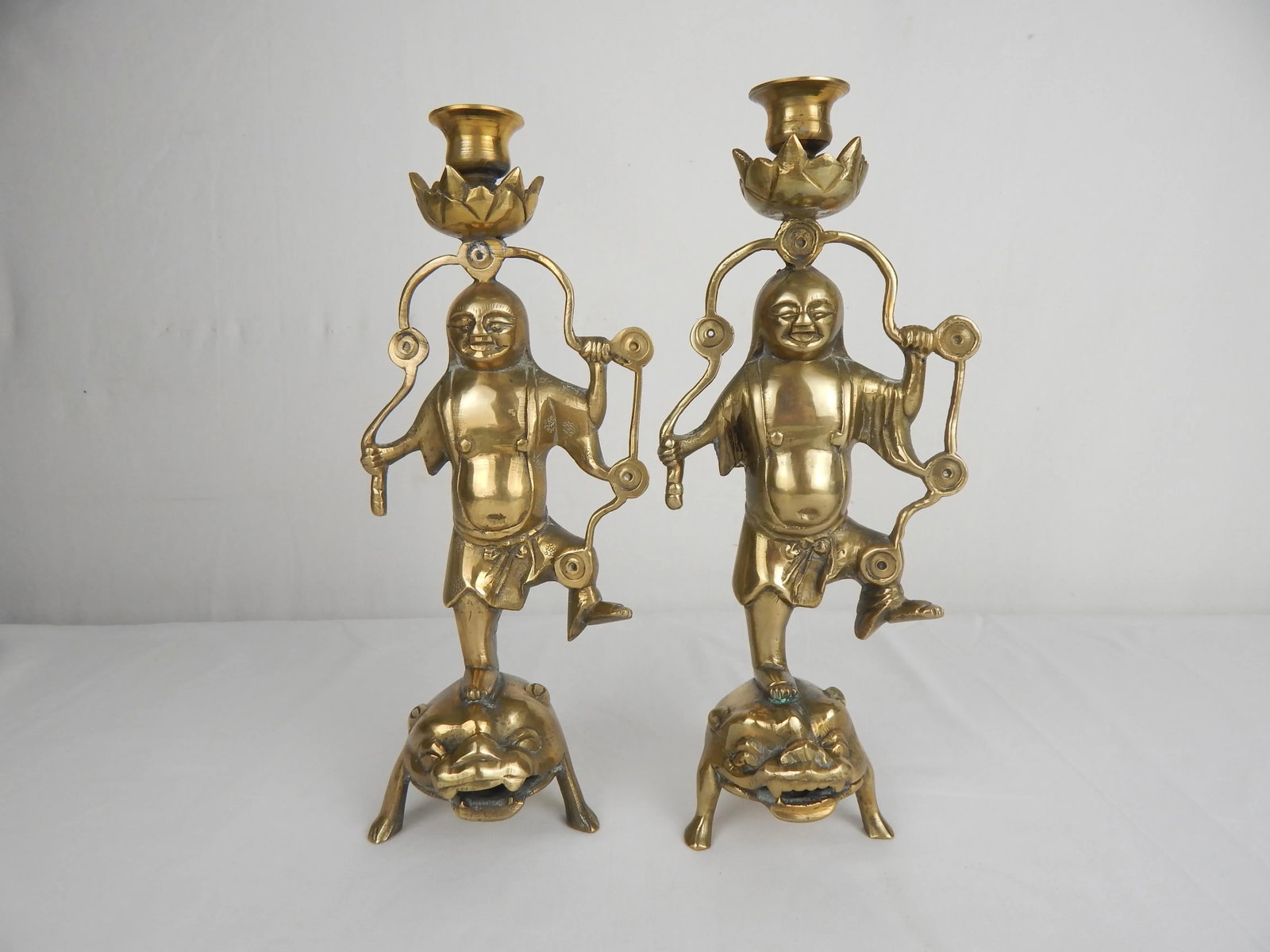 Asian Figurative Brass Candle Holders, Pair - 10