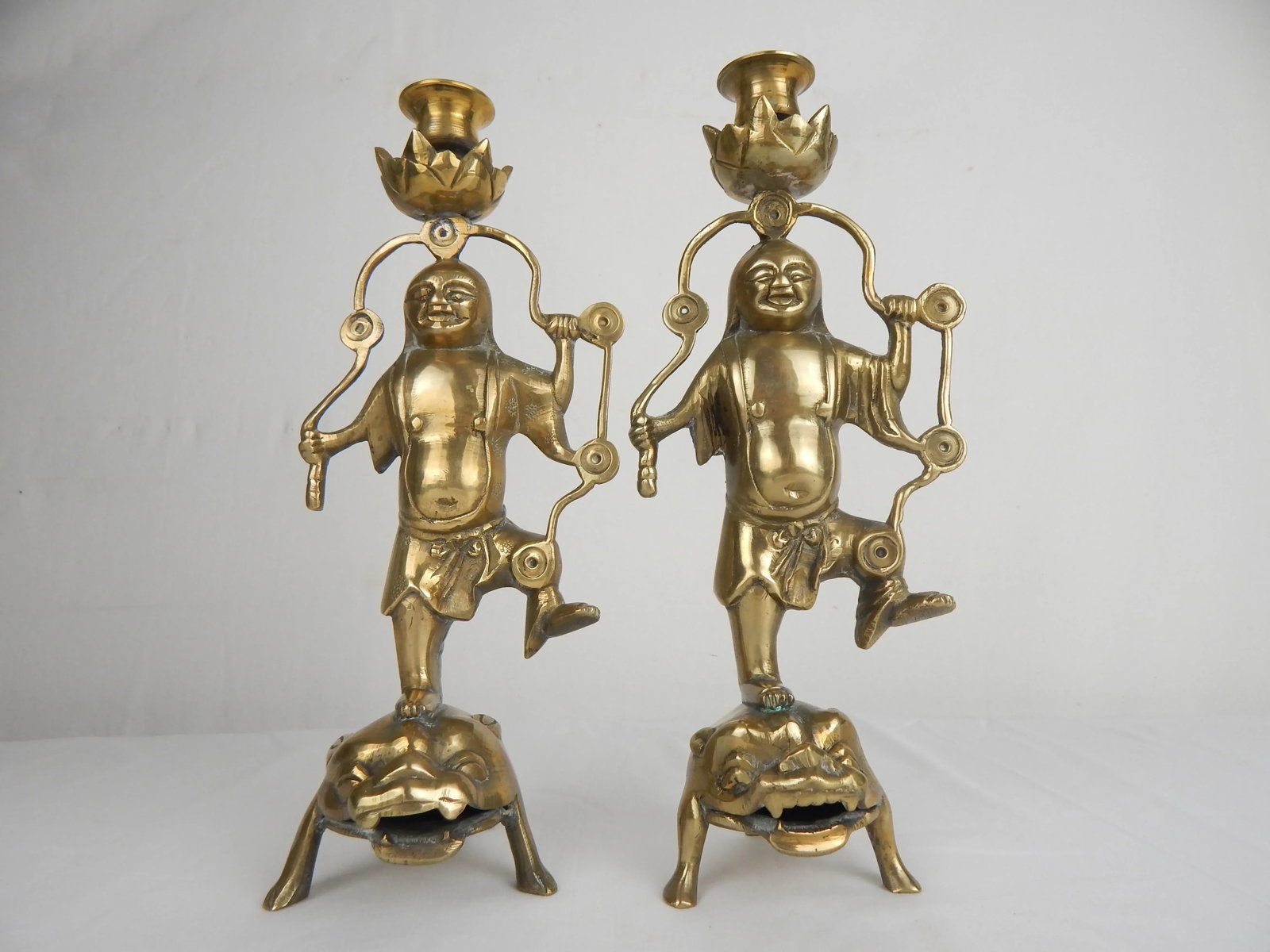 Asian Figurative Brass Candle Holders, Pair - 2
