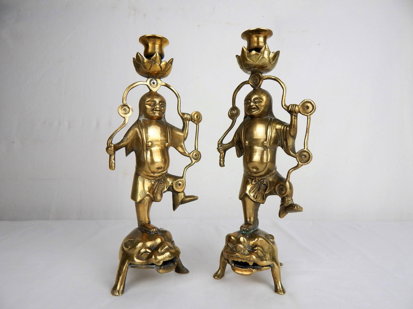 Asian Figurative Brass Candle Holders, Pair - 3